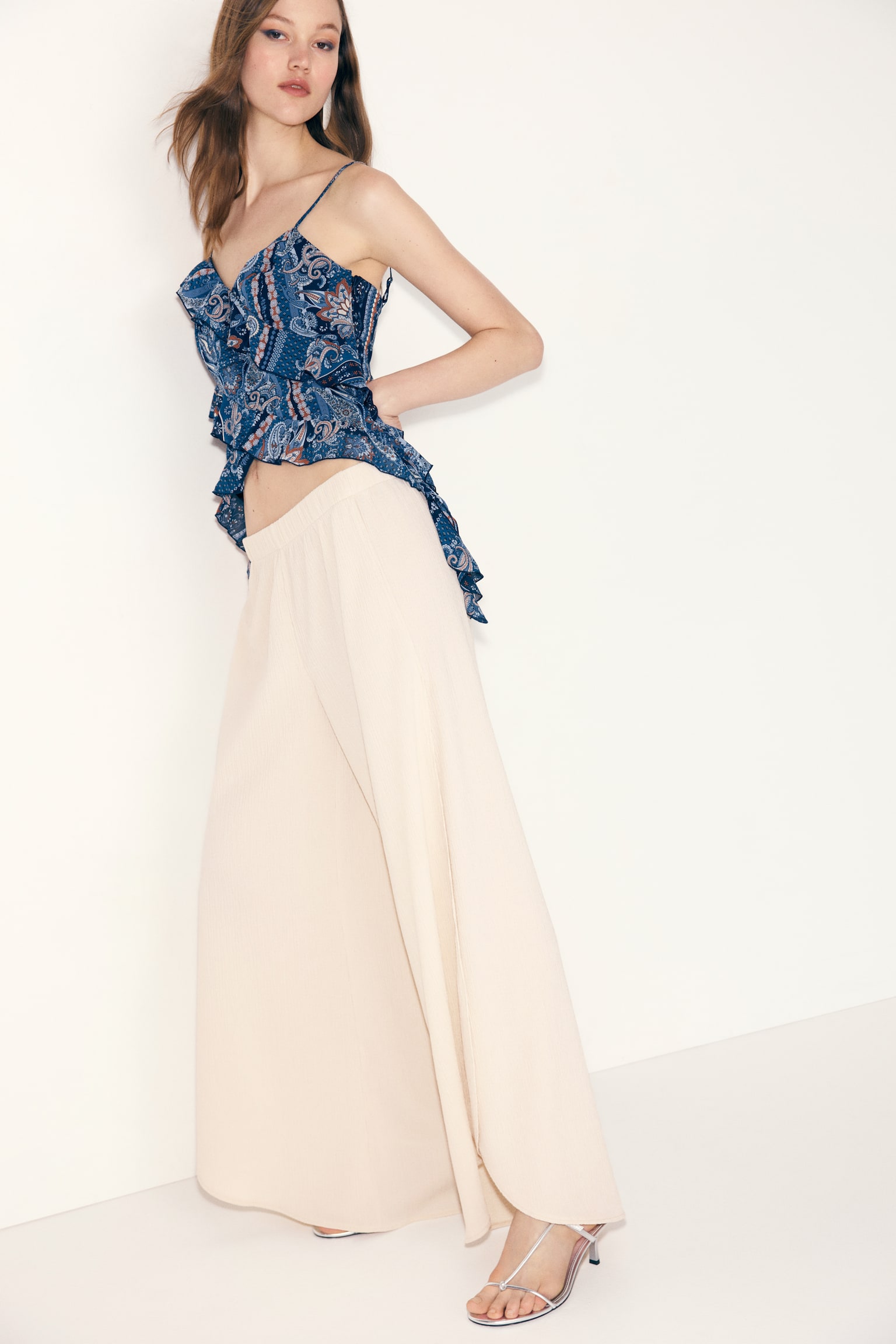 Wide wrap-detail trousers - Cream/Light turquoise - 3