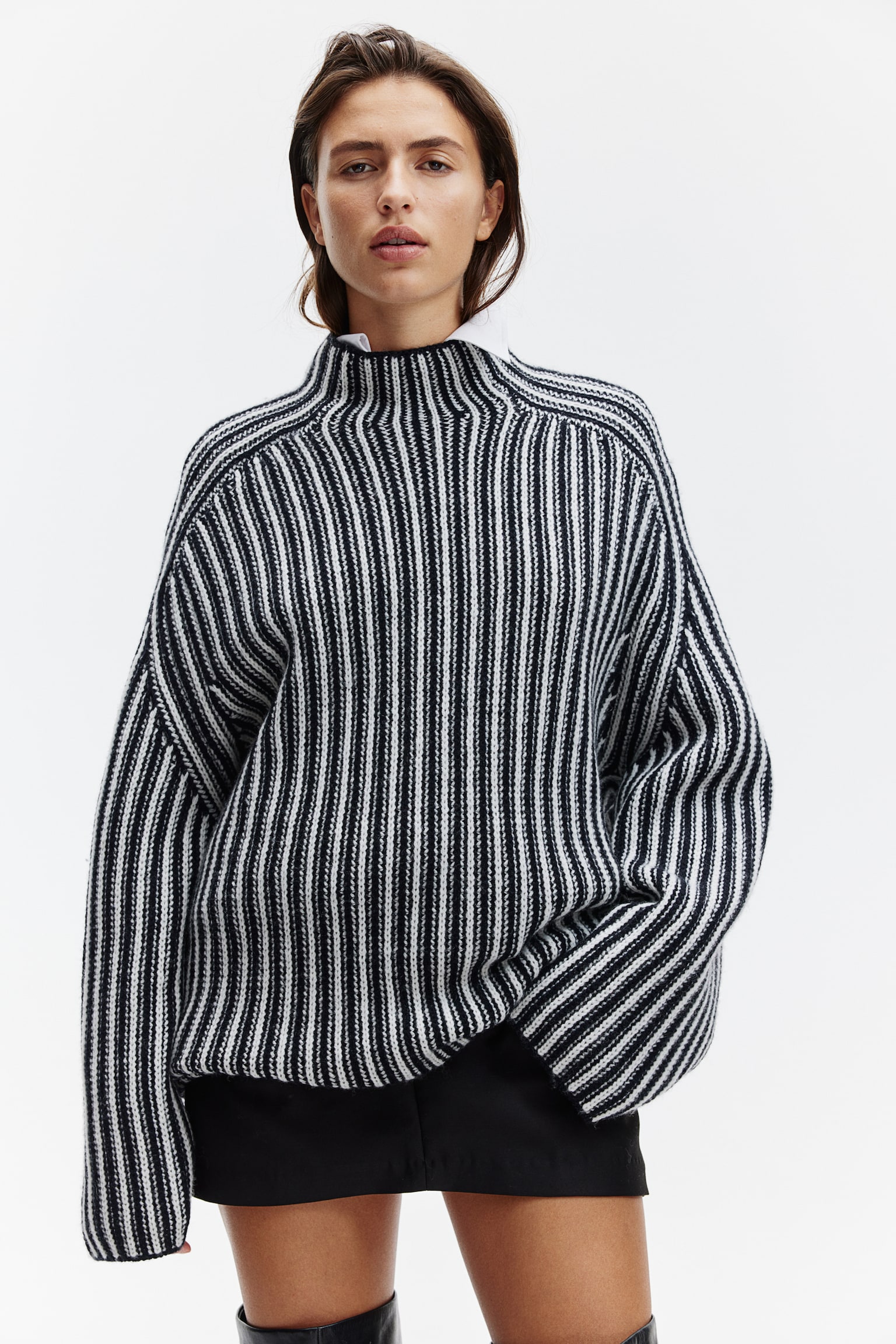 Oversized turtleneck wool jumper - Black/Striped - 4