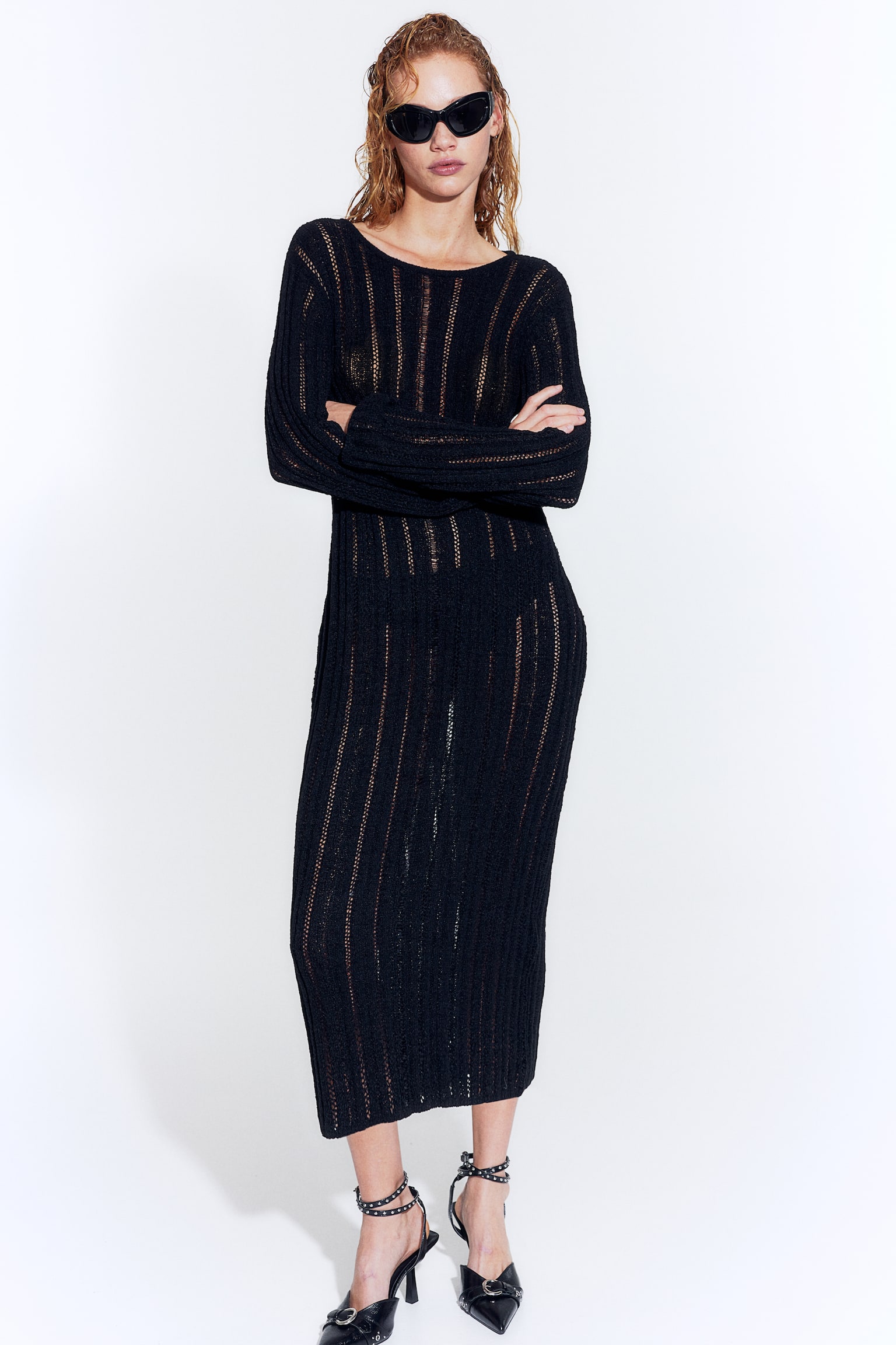 Ladder Stitch Look Knit Dress - Black/Light beige - 3