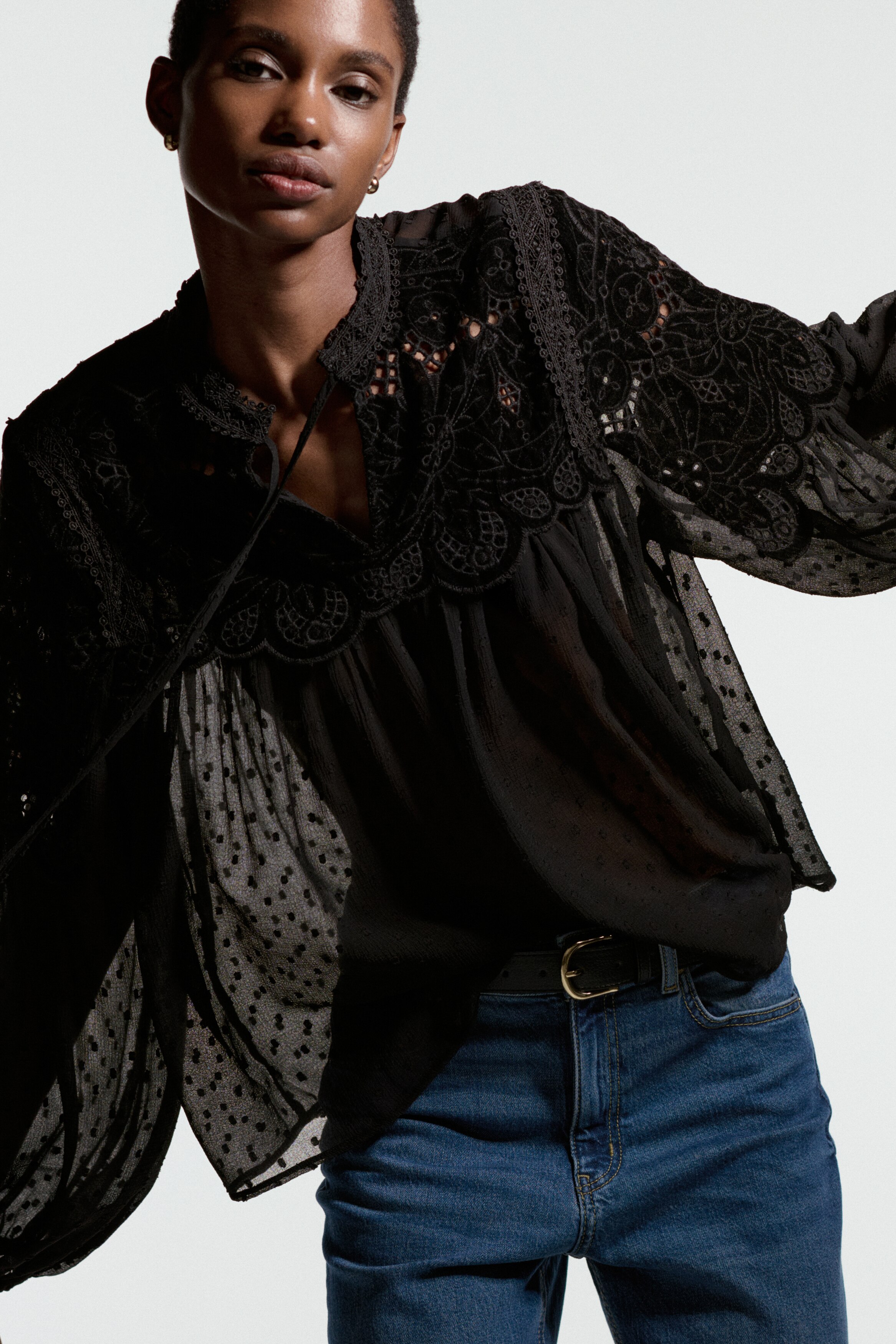 Sheer lace-detail blouse