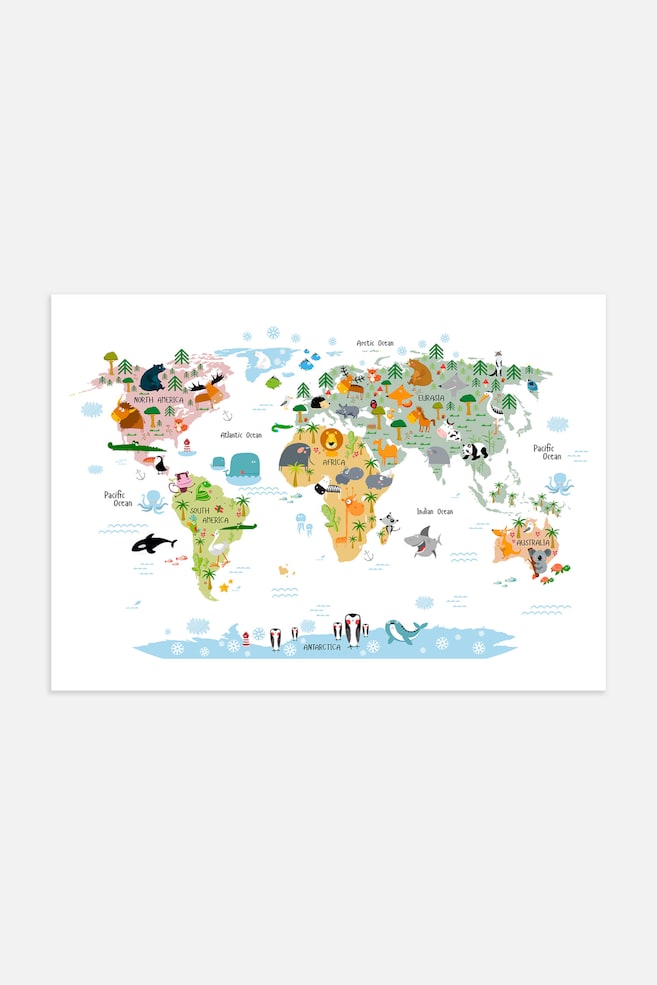 Animal World Map Poster - White/blue/green - 1