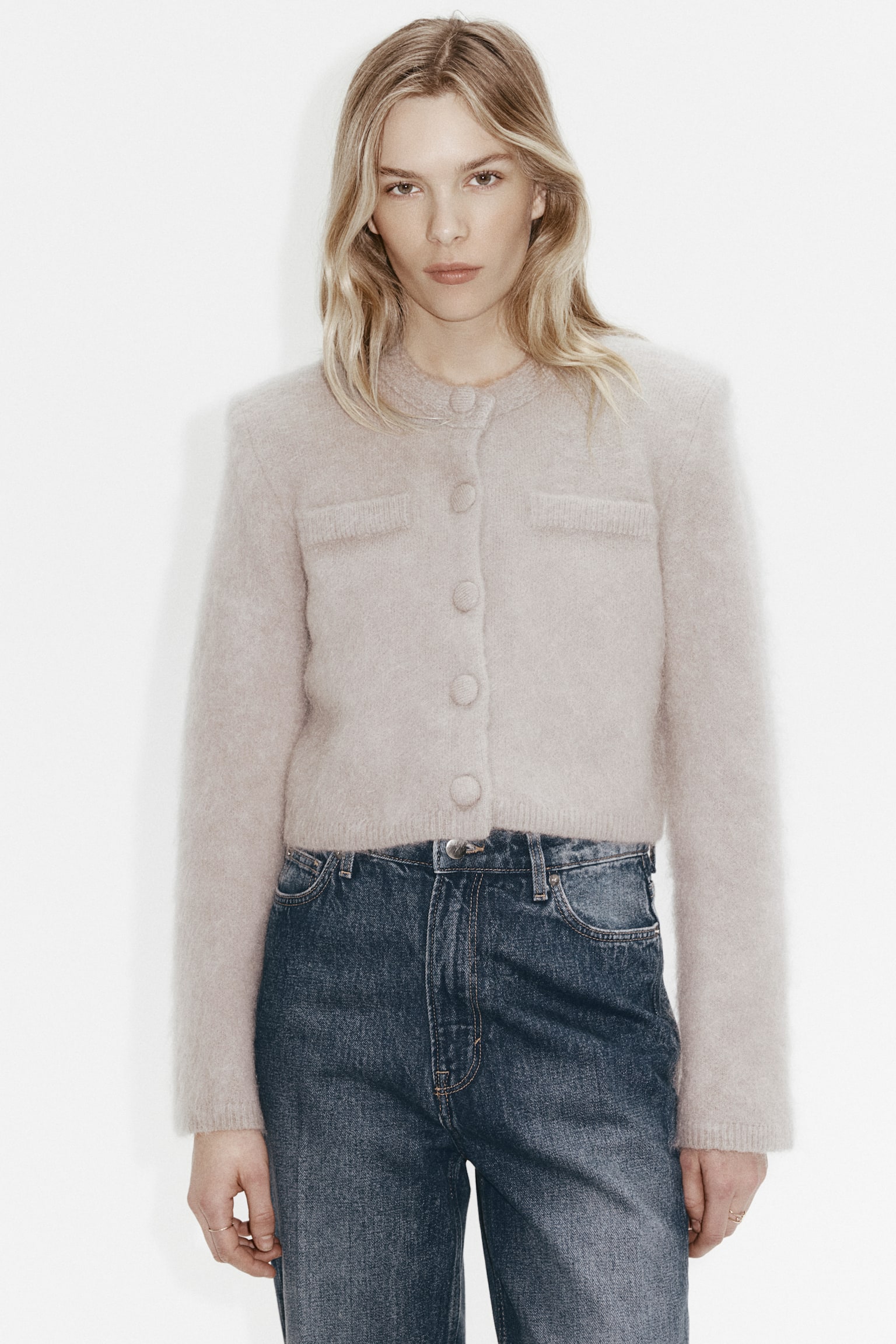 Mohair-blend shoulder-pad cardigan - Light greige/Light pink - 4