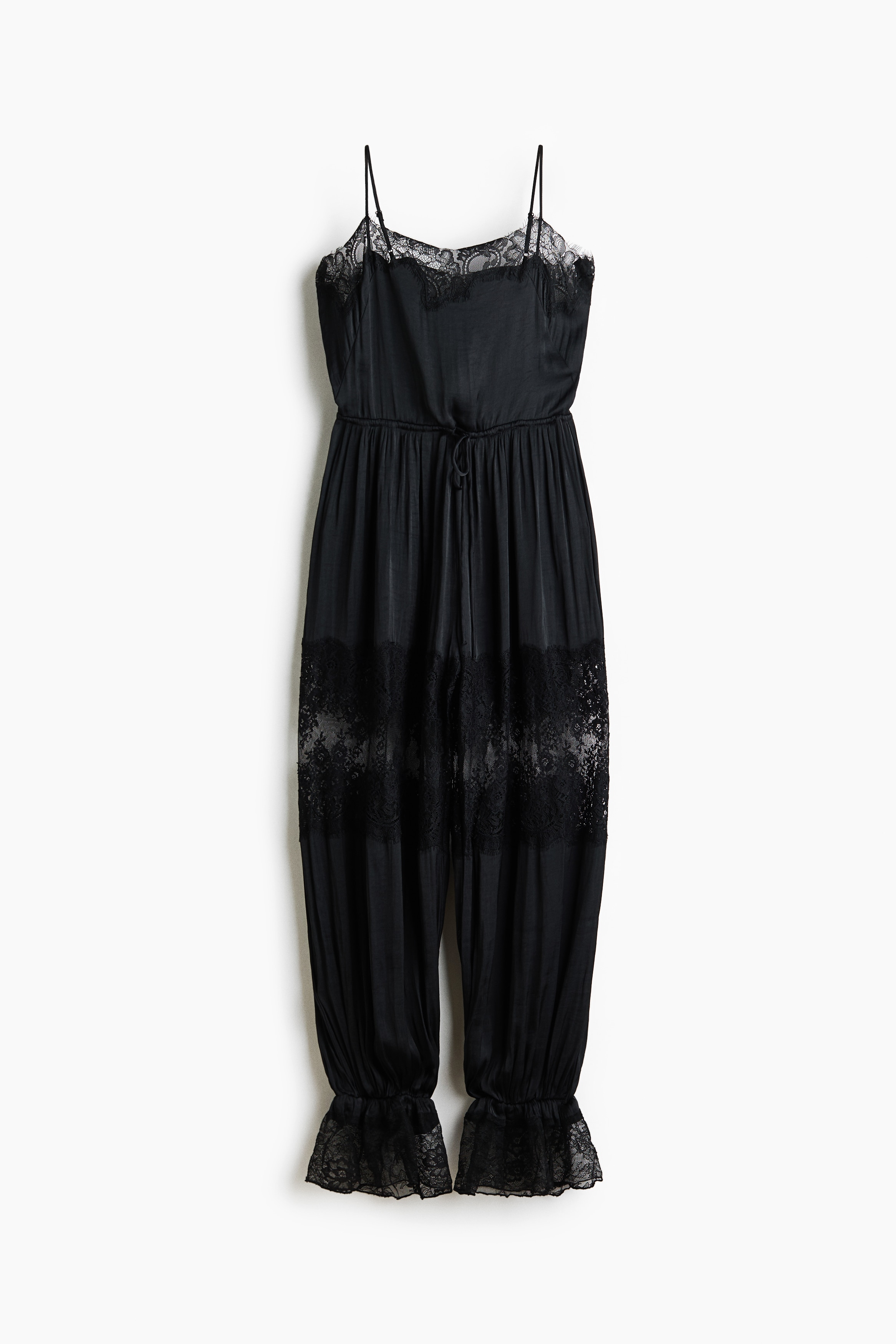 Jumpsuit met ballonpijpen en kanten biezen - Zwart/Lichtbeige/roomwit