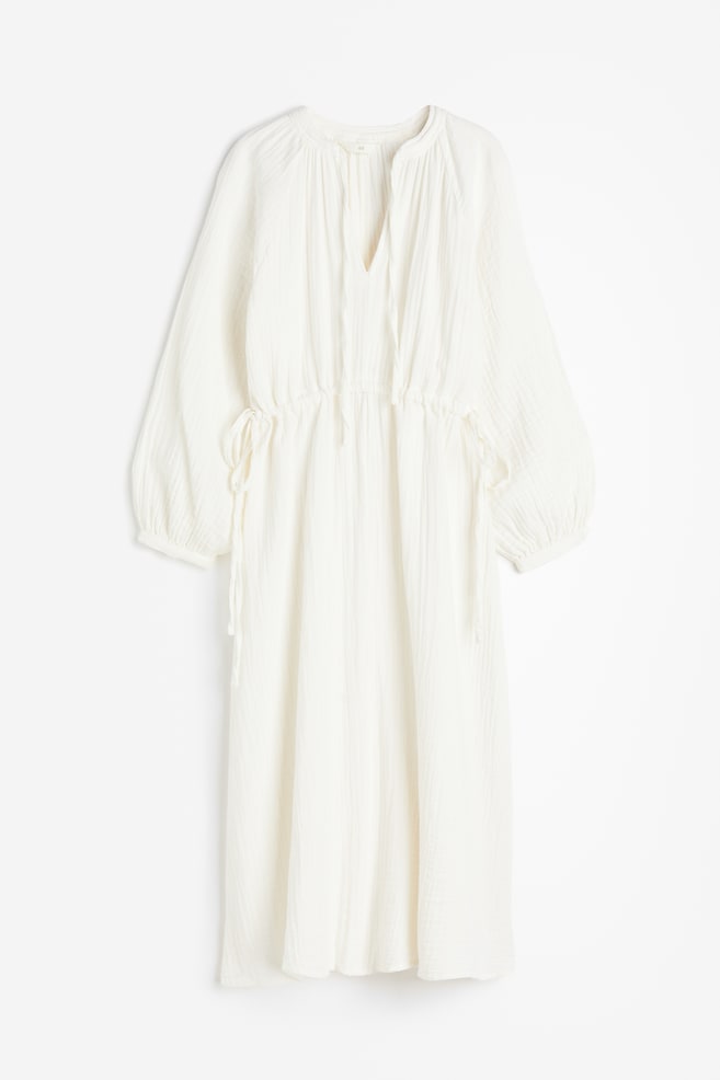 Robe en coton double tissage avec détails à nouer - Crème/Bleu clair - 2
