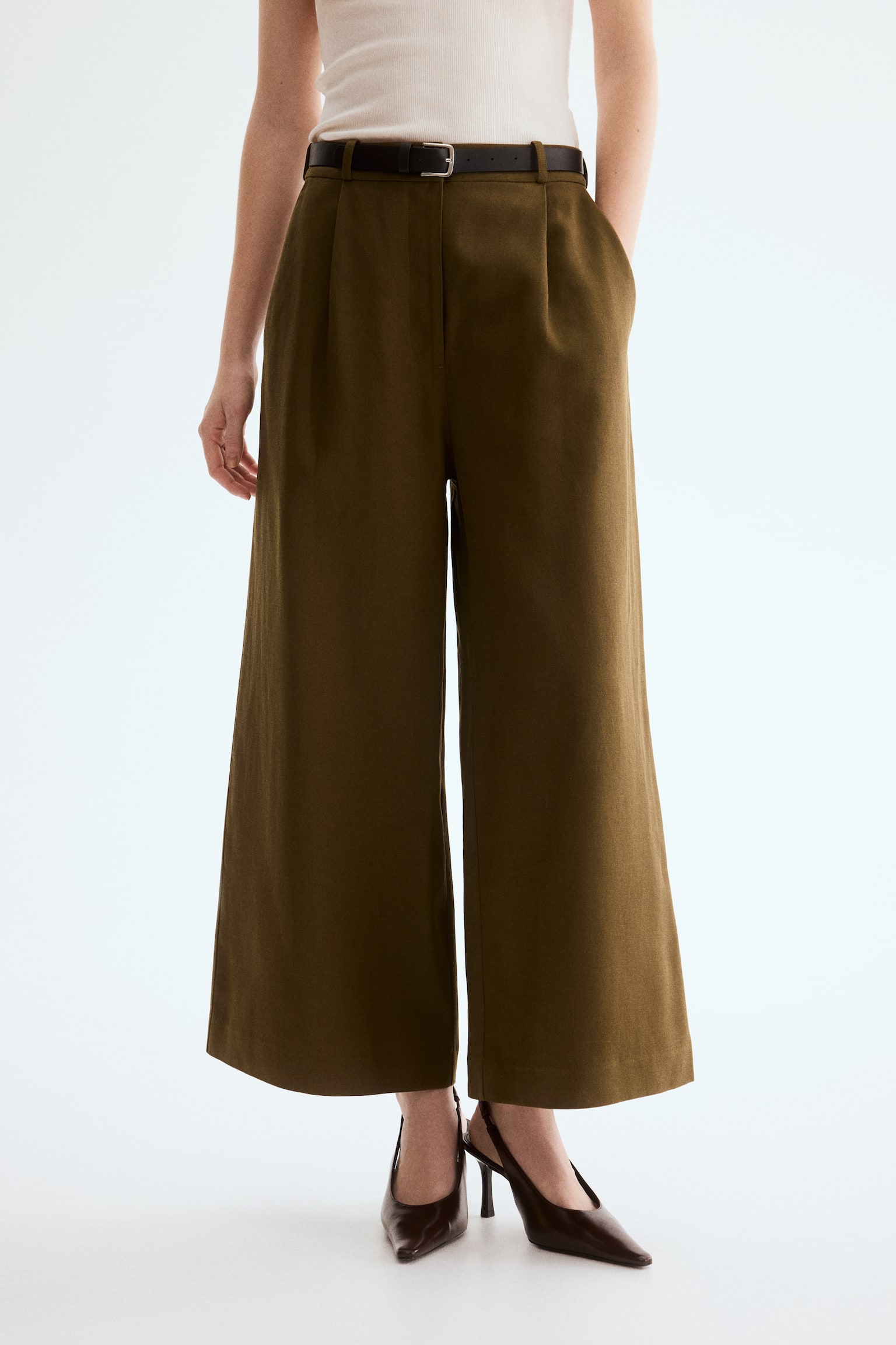 Pantaloni ampi in misto lino con cintura - Verde kaki scuro - 5