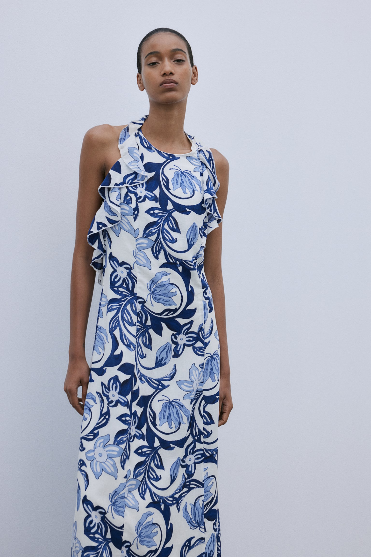 Flounce Trim Halterneck Dress - White/Blue floral - 3