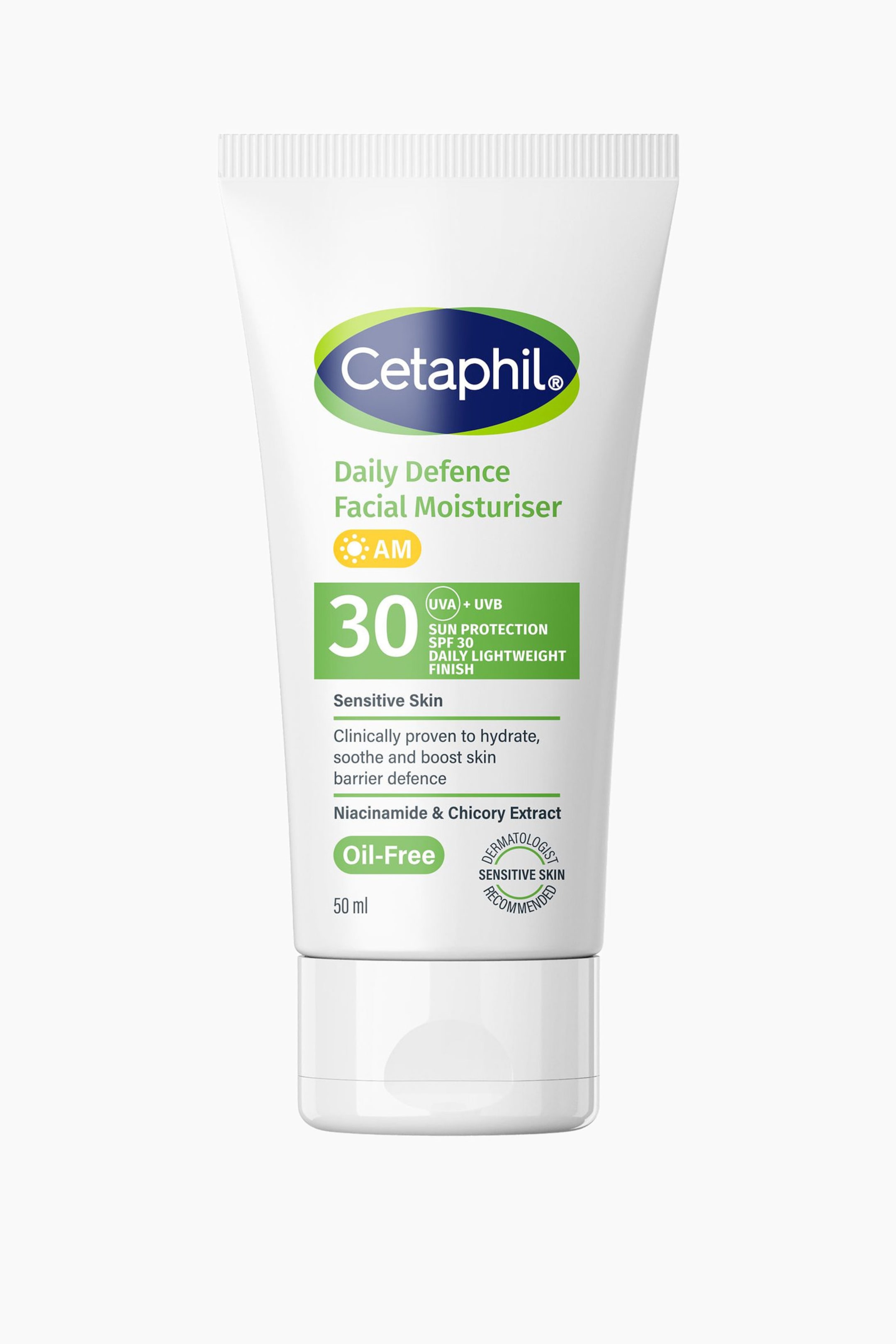 Visa större bild: En vit klämtub med Cetaphil Daily Defence Facial Moisturiser med SPF 30 står upprätt och vänd framåt. Etiketten på framsidan visar den blå och gröna logotypen, grön och gul text som lyfter fram dess viktigaste ingredienser samt ett tydligt grönt fält som anger SPF 30-skyddet.