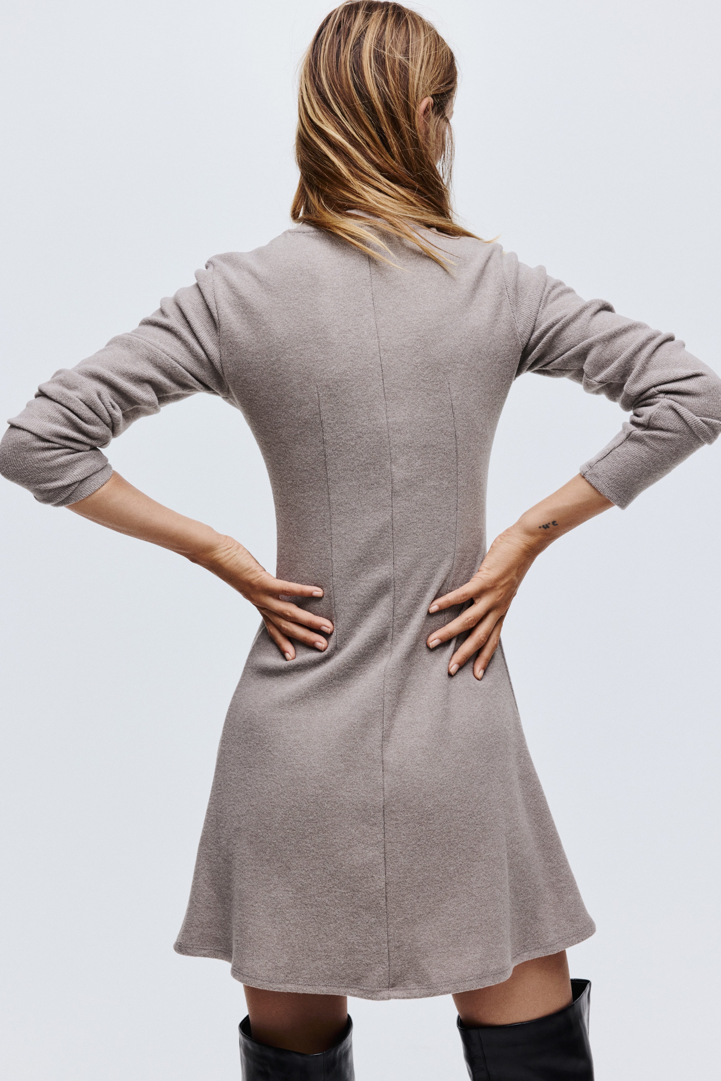 Ladies - Taupe Melange Knit Mini Dress - Size: M - H&M