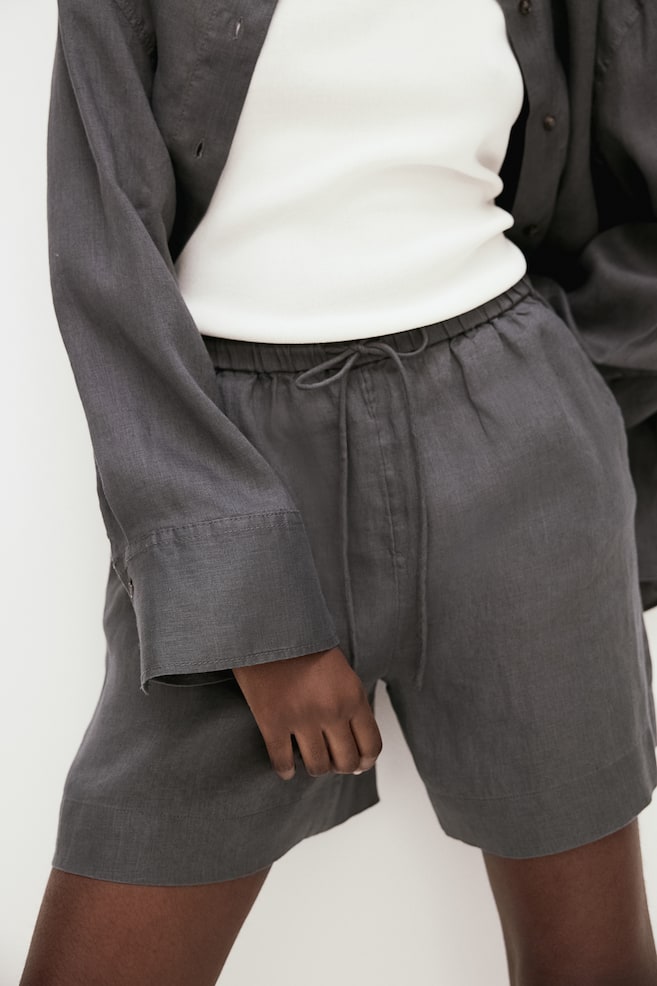 Linen pull-on shorts - Dark grey - 3