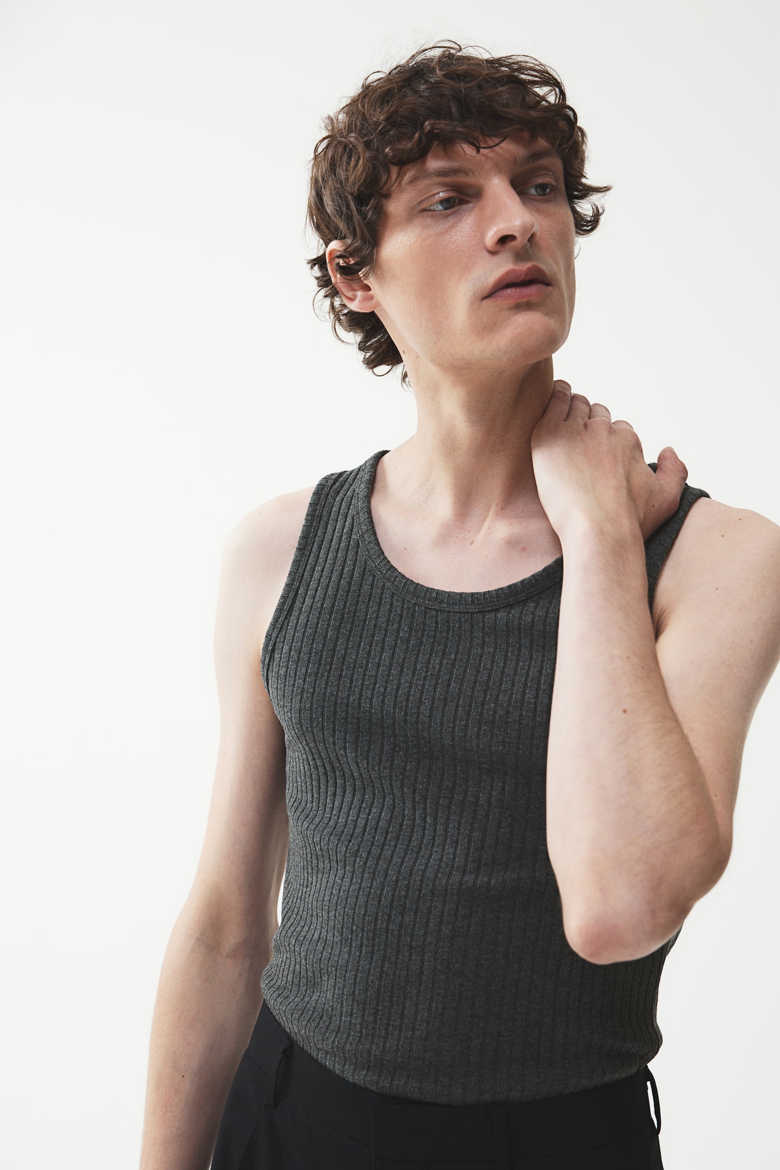 Slim Fit Wide-ribbed vest top - Dark grey marl/Black/Cream - 4