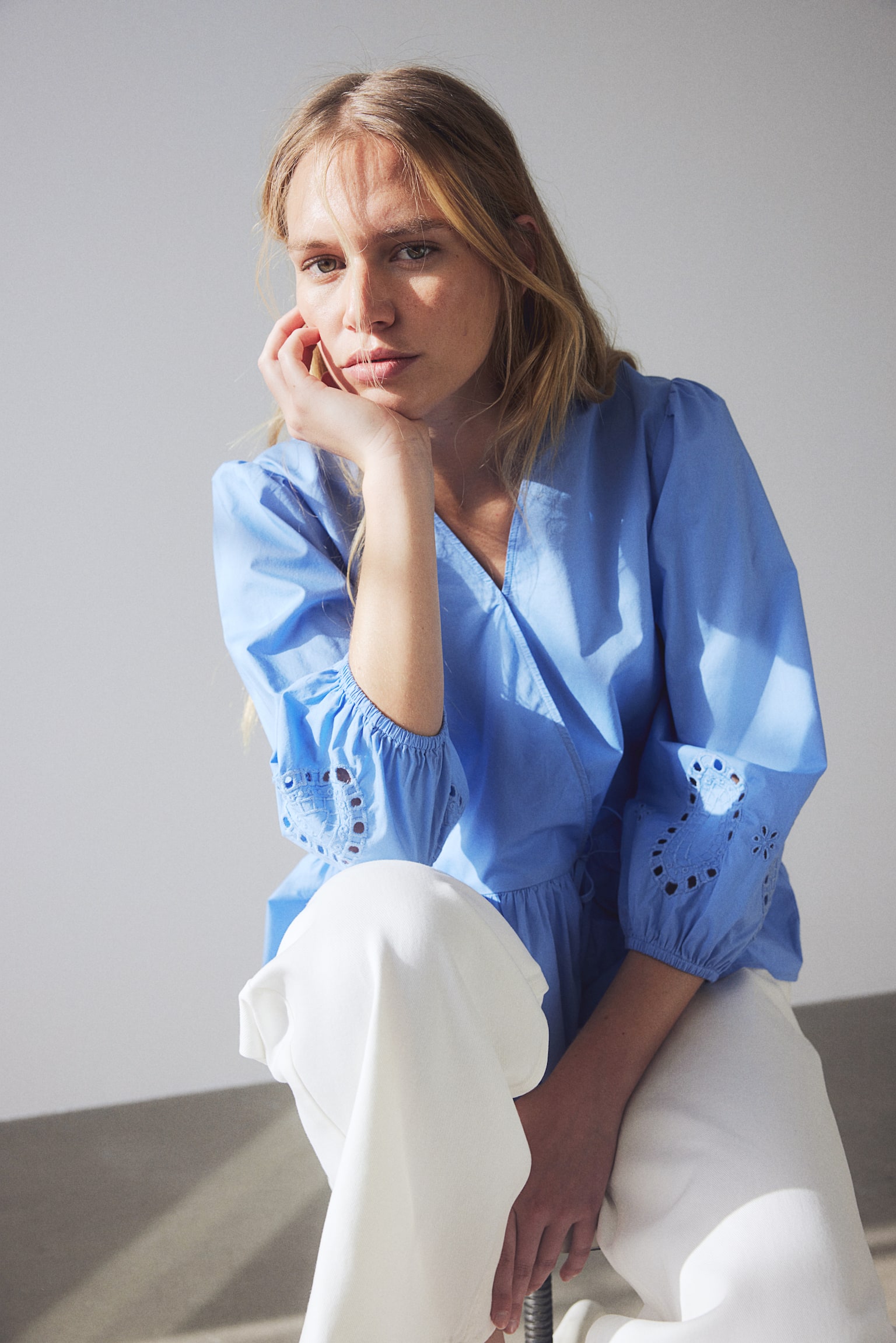 Broderie Anglaise Detail Blouse - Blue - 1