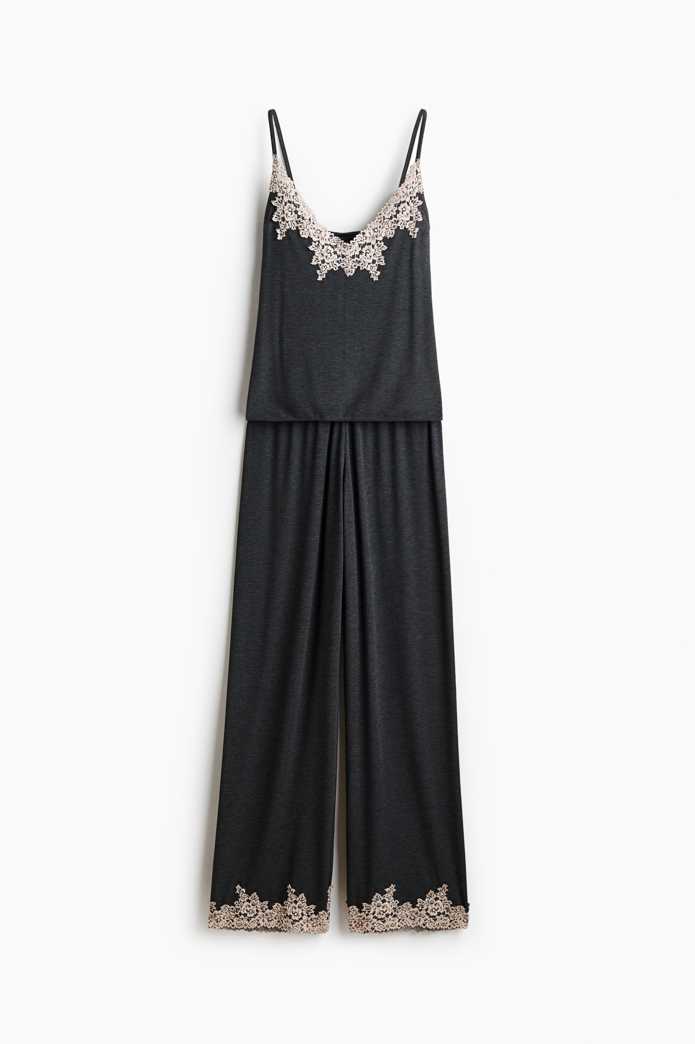 Lace-trimmed jersey pyjamas - Dark grey/Cream/Black/Cream