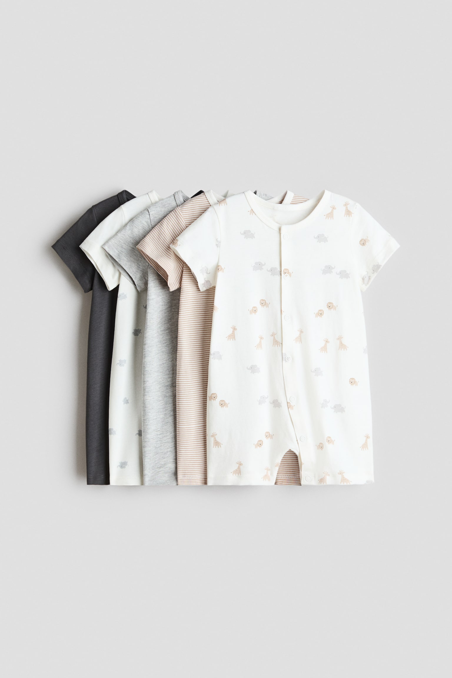 5-Pack Short Cotton Pajama Jumpsuits - White/animals