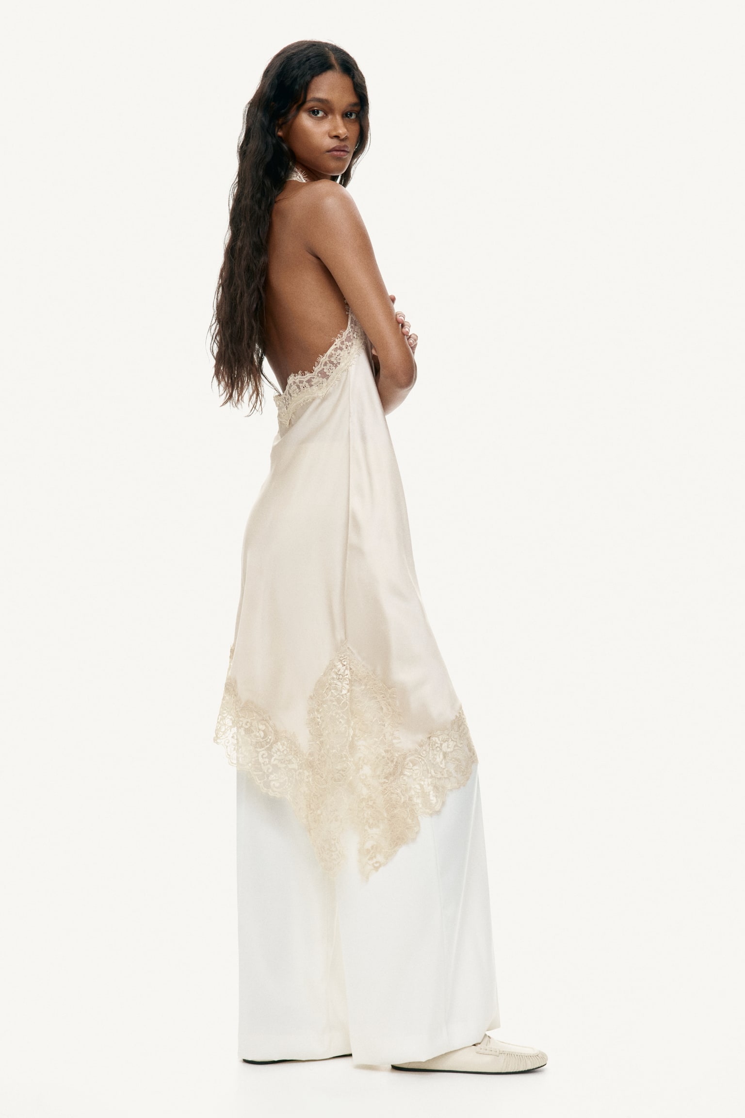 Satin halterneck dress - Light beige/Black - 6