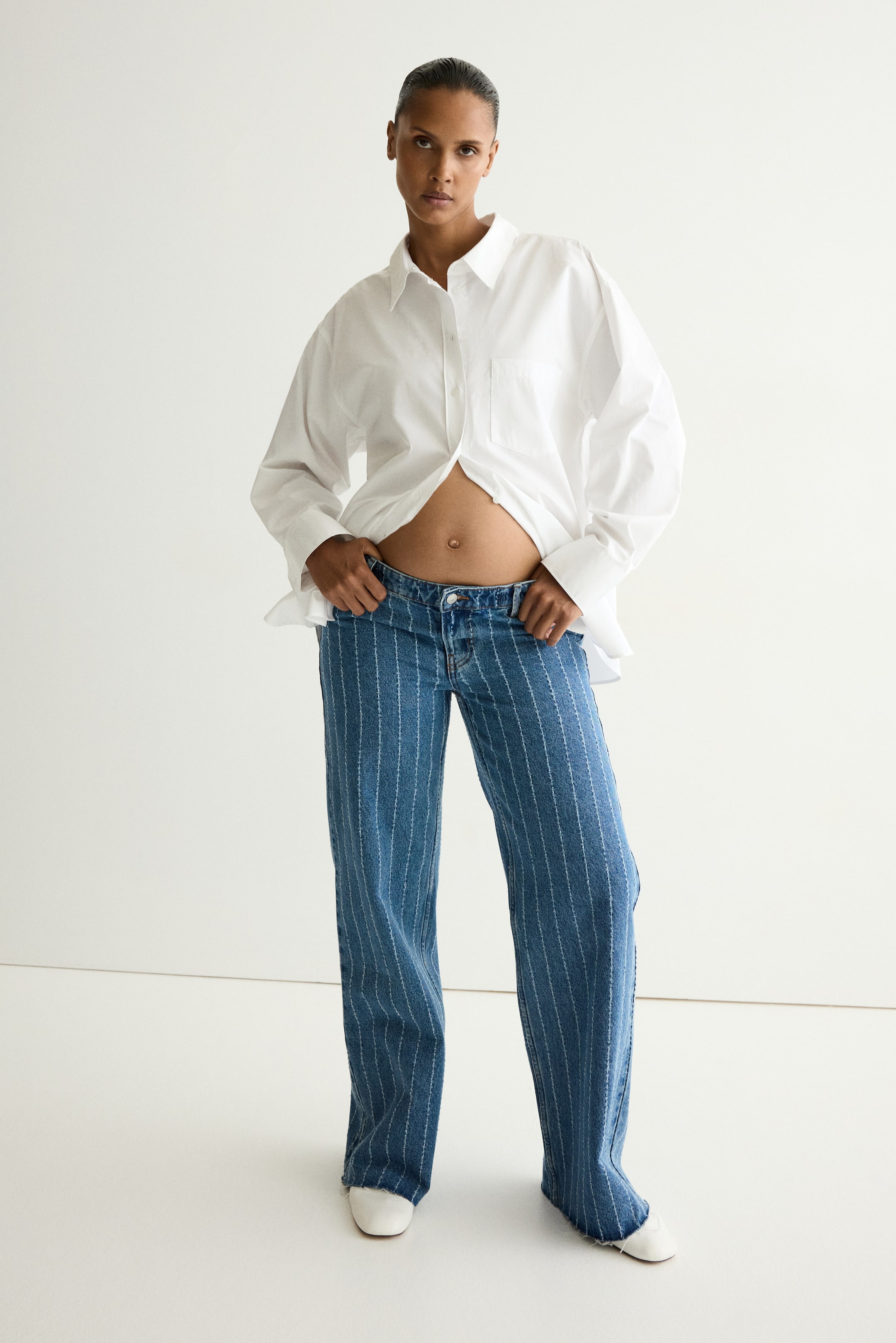 查看大圖: MAMA 寬鬆低腰牛仔褲 - 丹寧藍/條紋 - Ladies | H&M 1