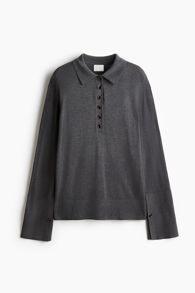 Fine-Knit Polo Shirt - Dark gray melange/Light beige - 1