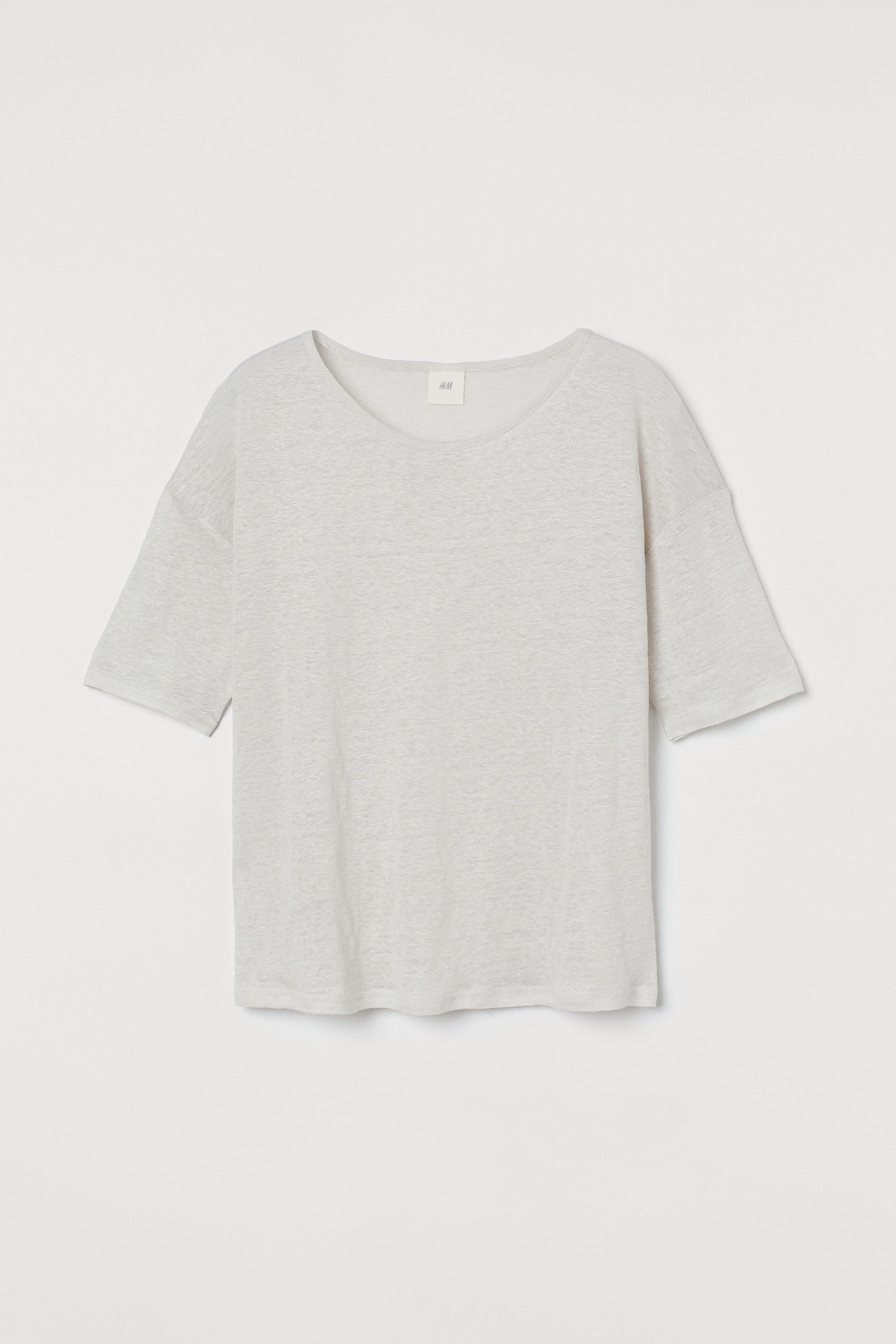 Linen jersey T-shirt - Round neck - Short sleeve - Light greige ...