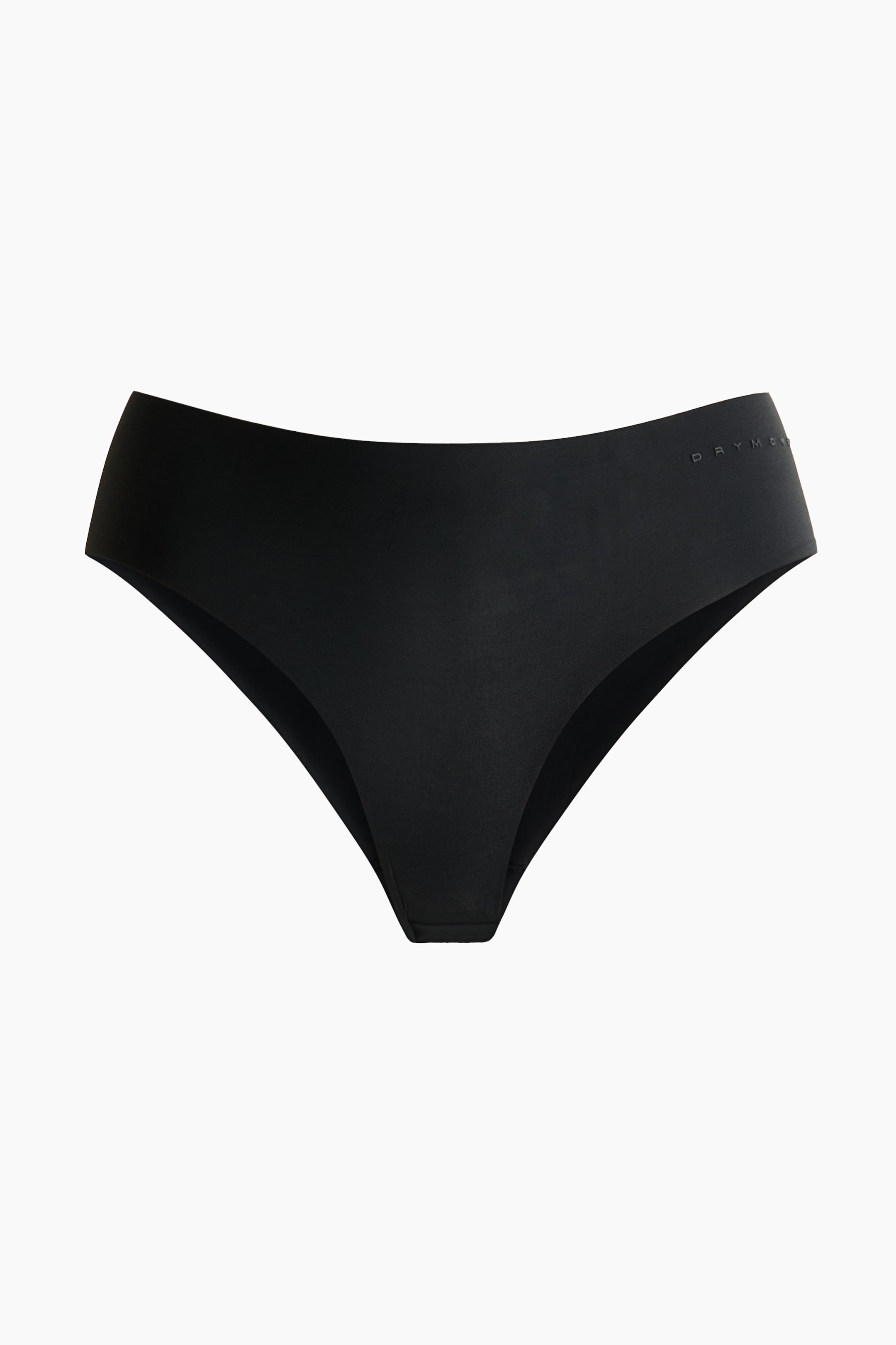 Nagyobb kép megtekintése: Elölről látható egy fekete bugyi. Sima, varrásmentes anyagból készült, standard bikini szabással. A "DRYMOO" márkajelzés a felső jobb oldalon látható.