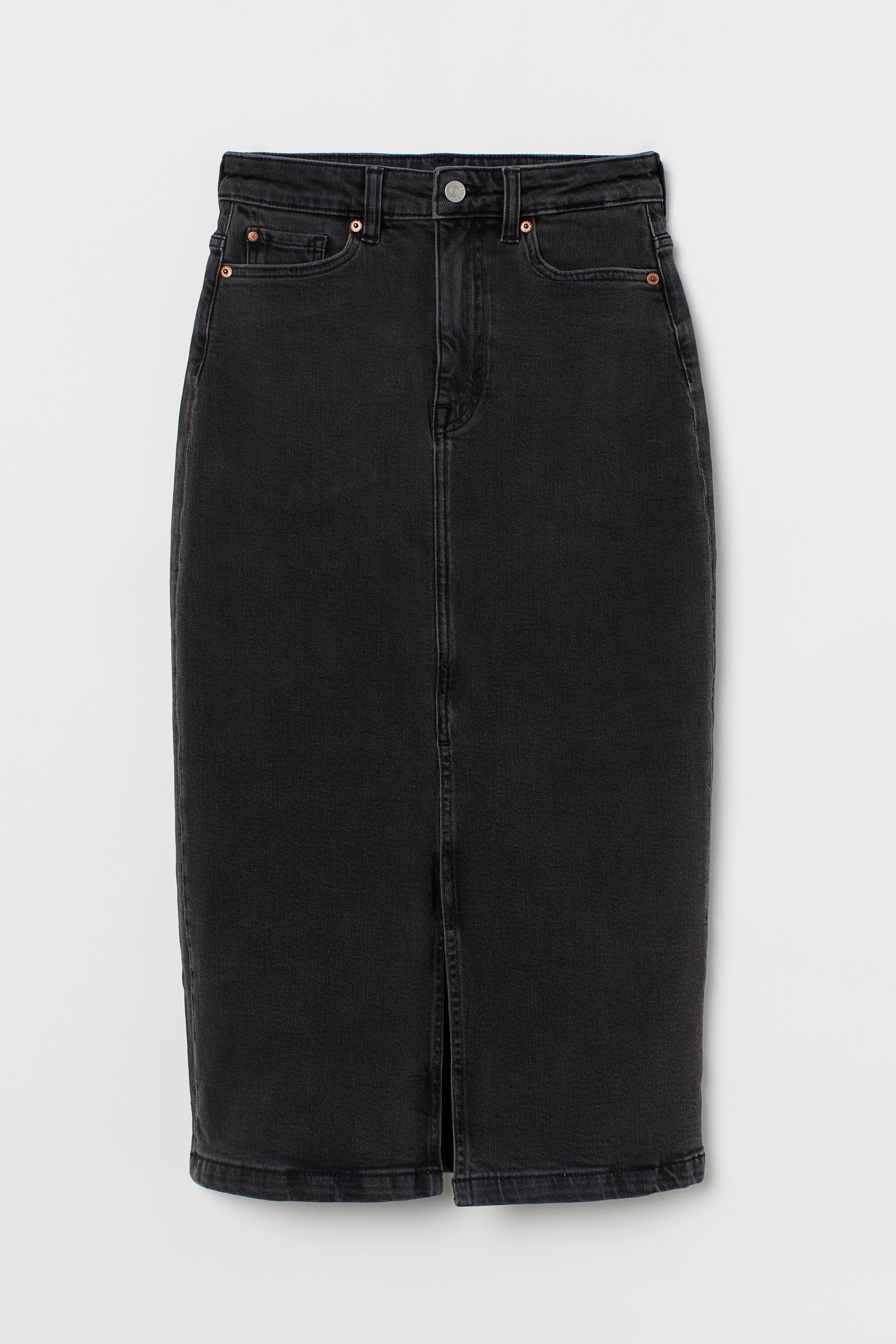 Denim pencil skirt Regular waist Midi Black Washed out Ladies H M IE