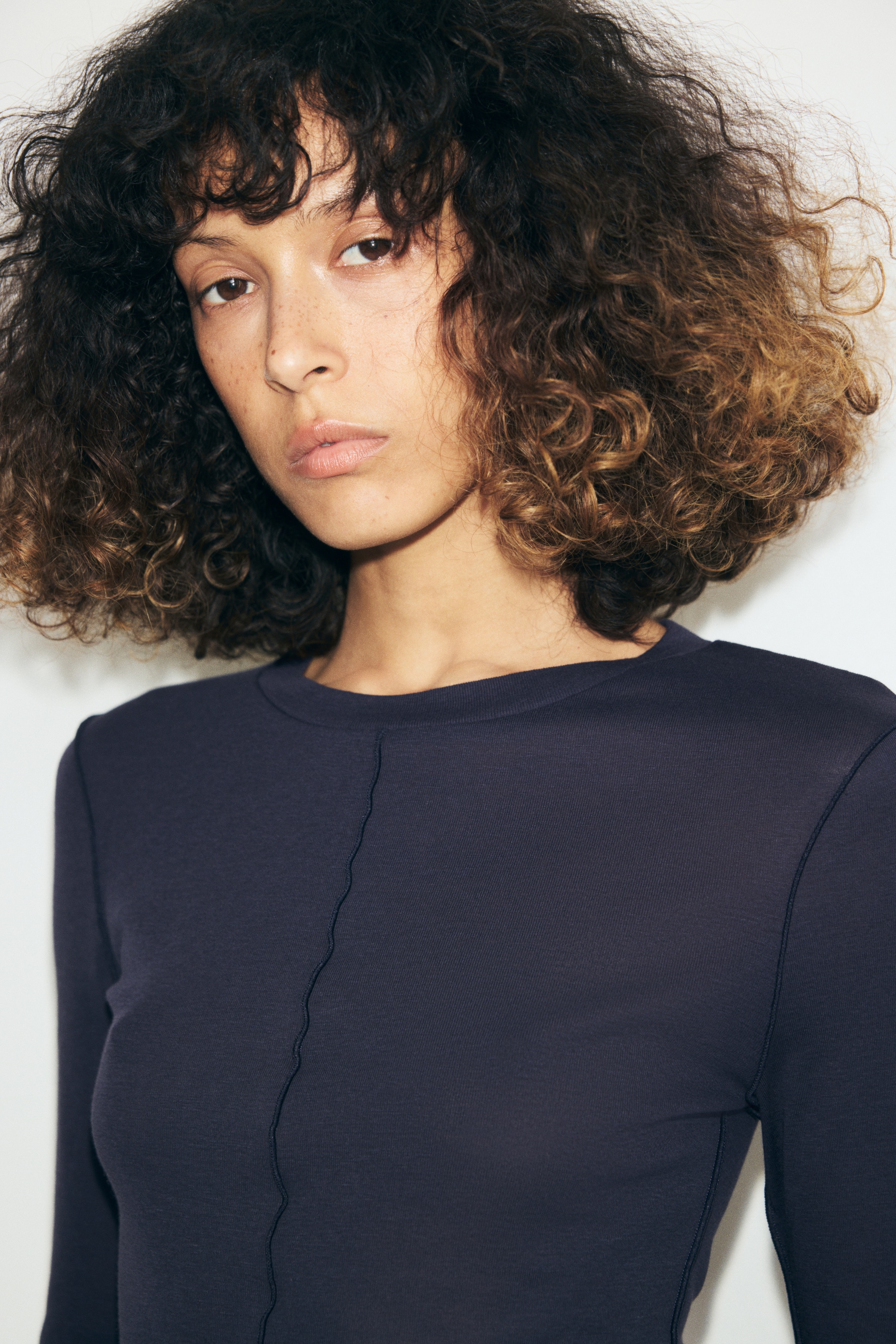 Long-sleeved pima cotton top - Dark blue/Light beige/Dark dusty purple/Dark mole