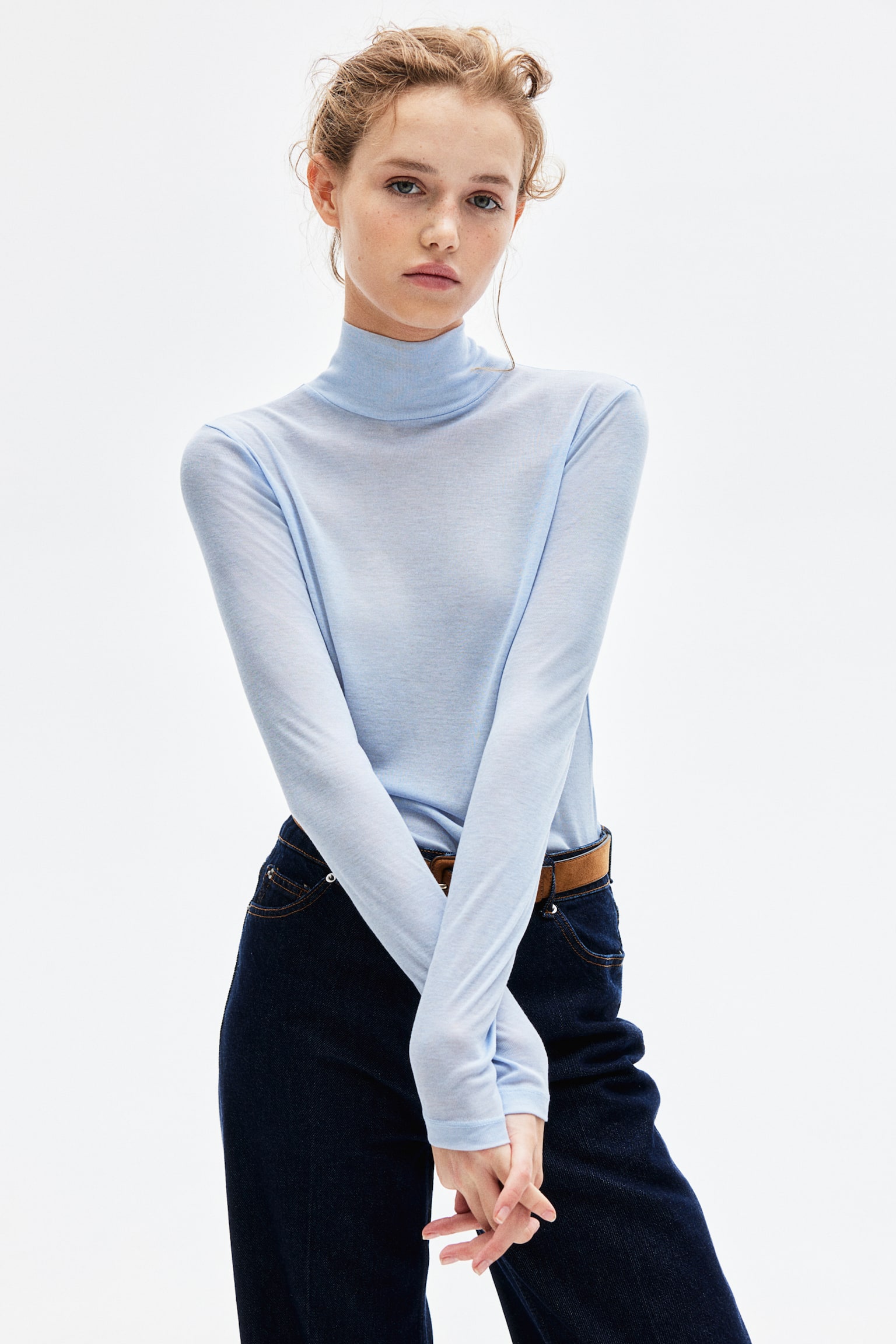 Modal-blend polo-neck top - Light blue/Black/Striped/Dark grey marl - 5