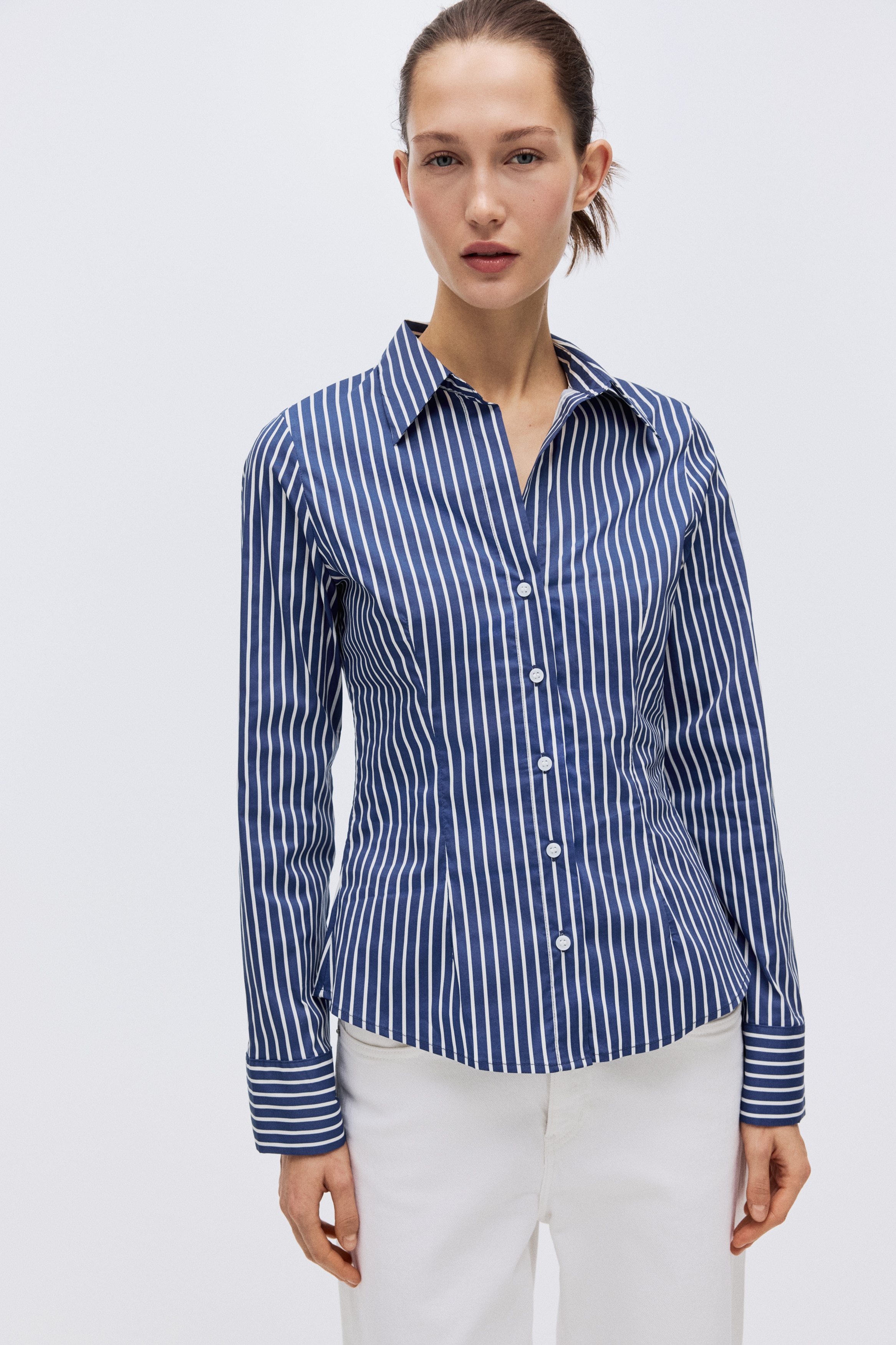 green emerald velvet dress Fitted Blue Striped Shirt