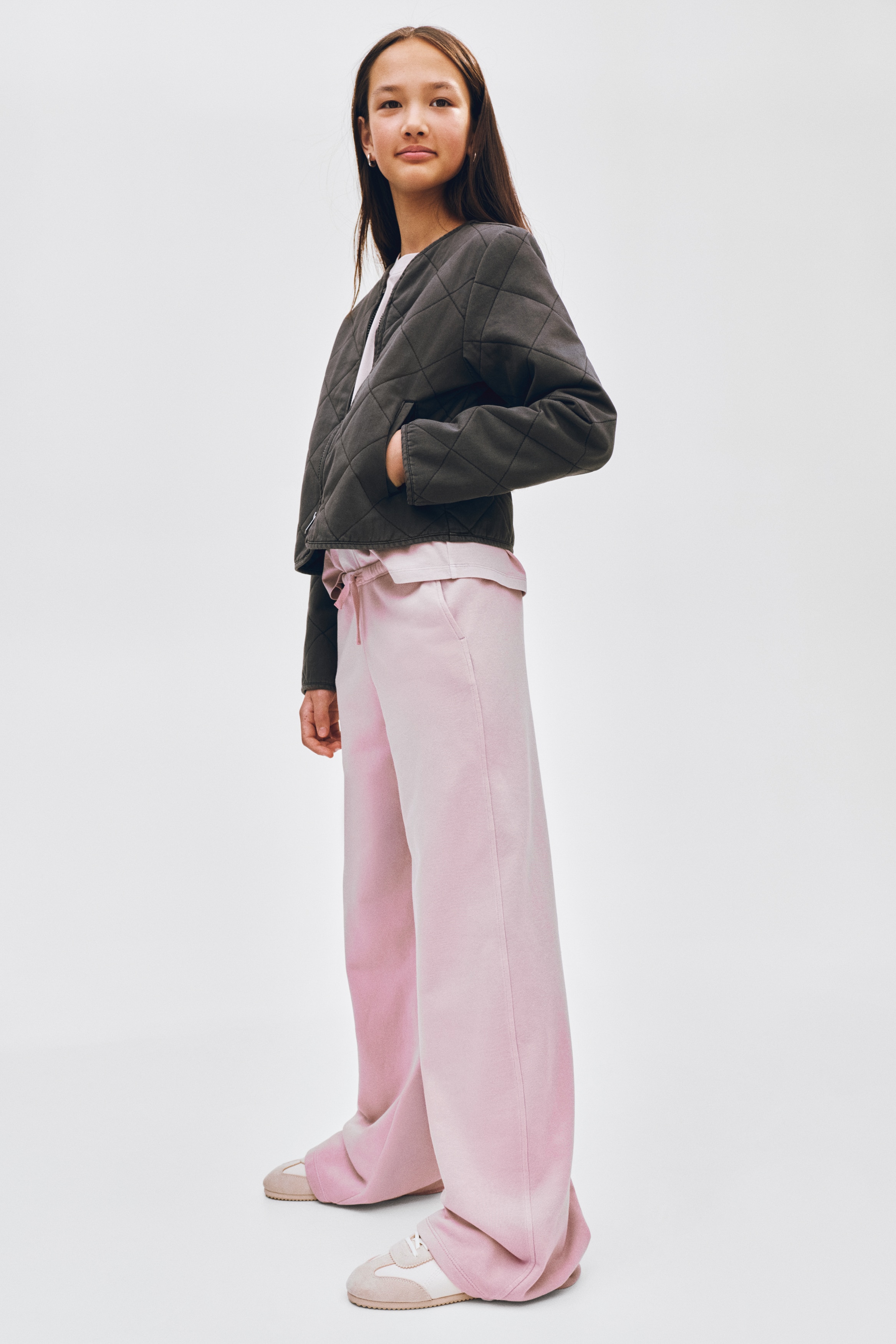 Pantaloni tip jogging largi - Roz-prăfuit deschis/Gri-închis