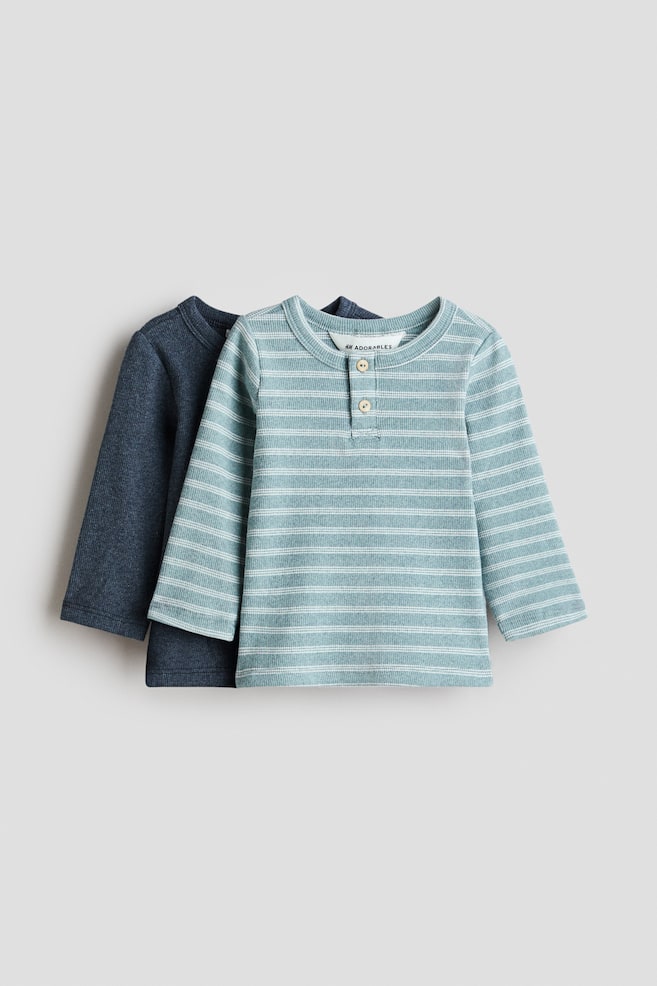 2-pack Cotton Henley Shirts - Dark blue/turquoise/Light gray/beige striped/Light beige/boats/Dark gray/light gray/Khaki green/green melange/Light green/beige/Khaki green/white striped - 1