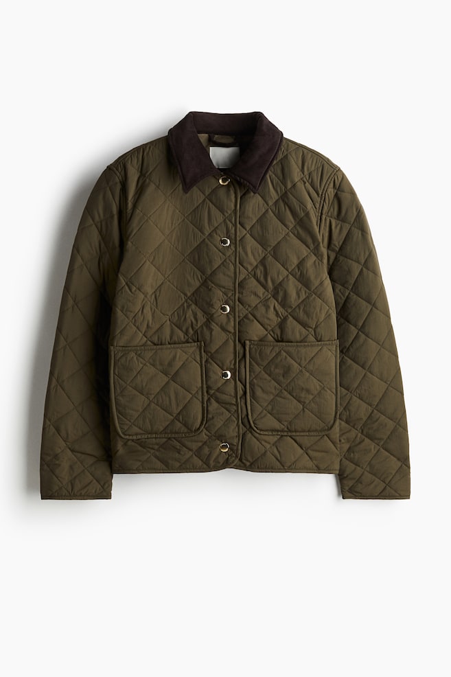 Quilted corduroy-collar jacket - Khaki green/Dark brown - 1