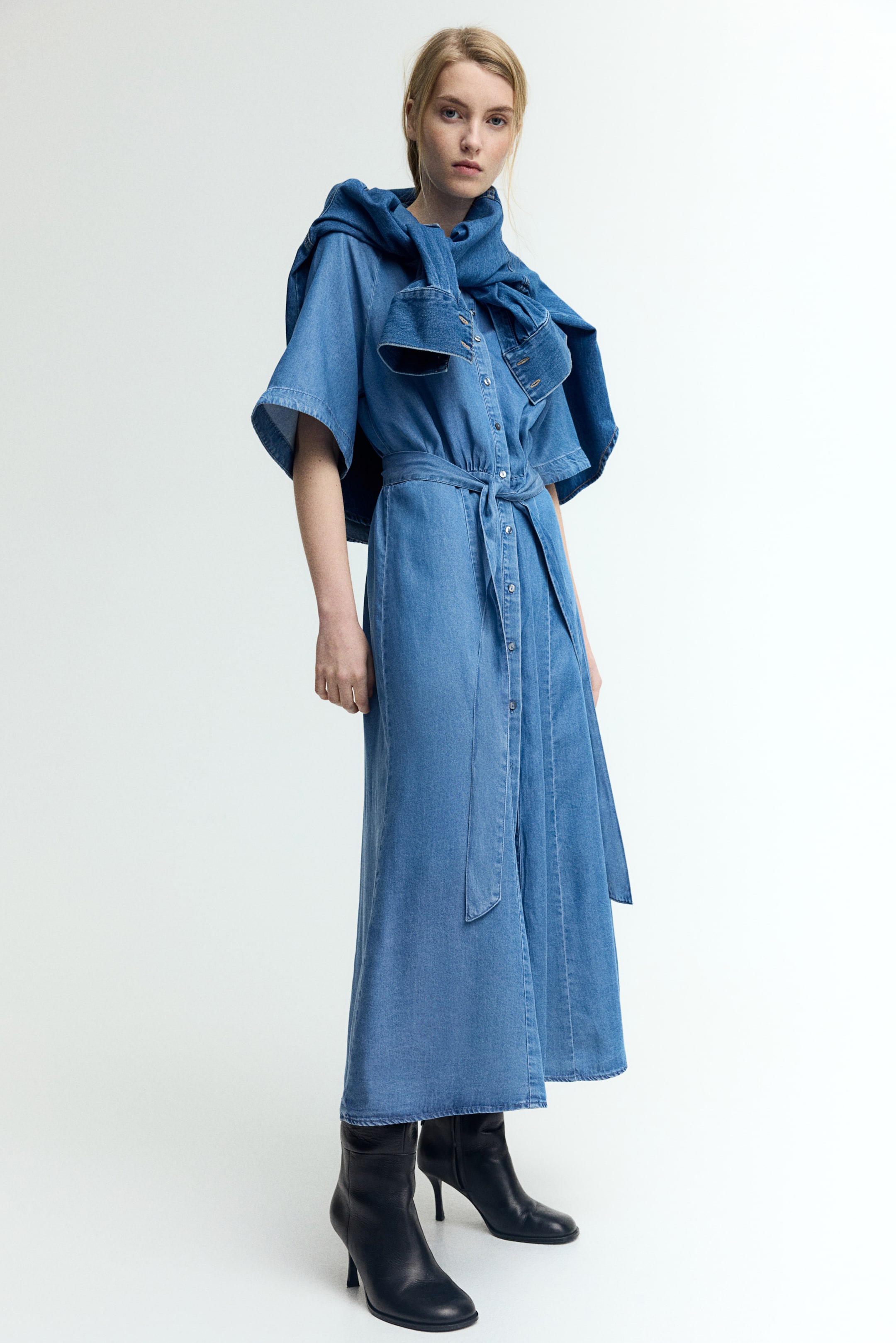 Tie-Belt Denim Dress