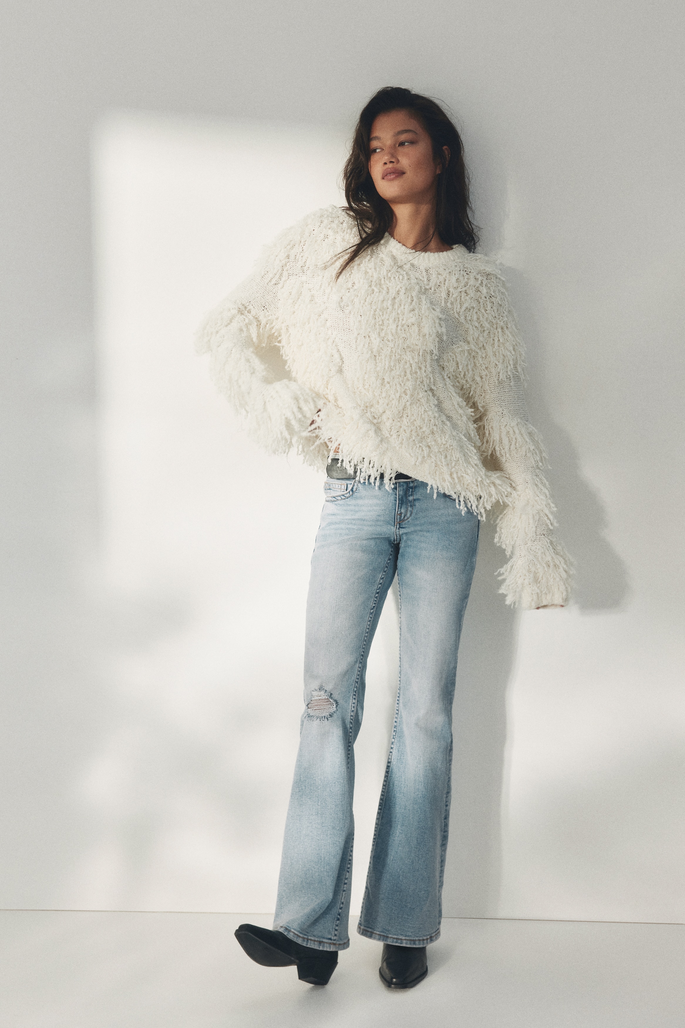 Flared Low Waist Jeans - Bleu denim clair/Bleu denim/Blanc