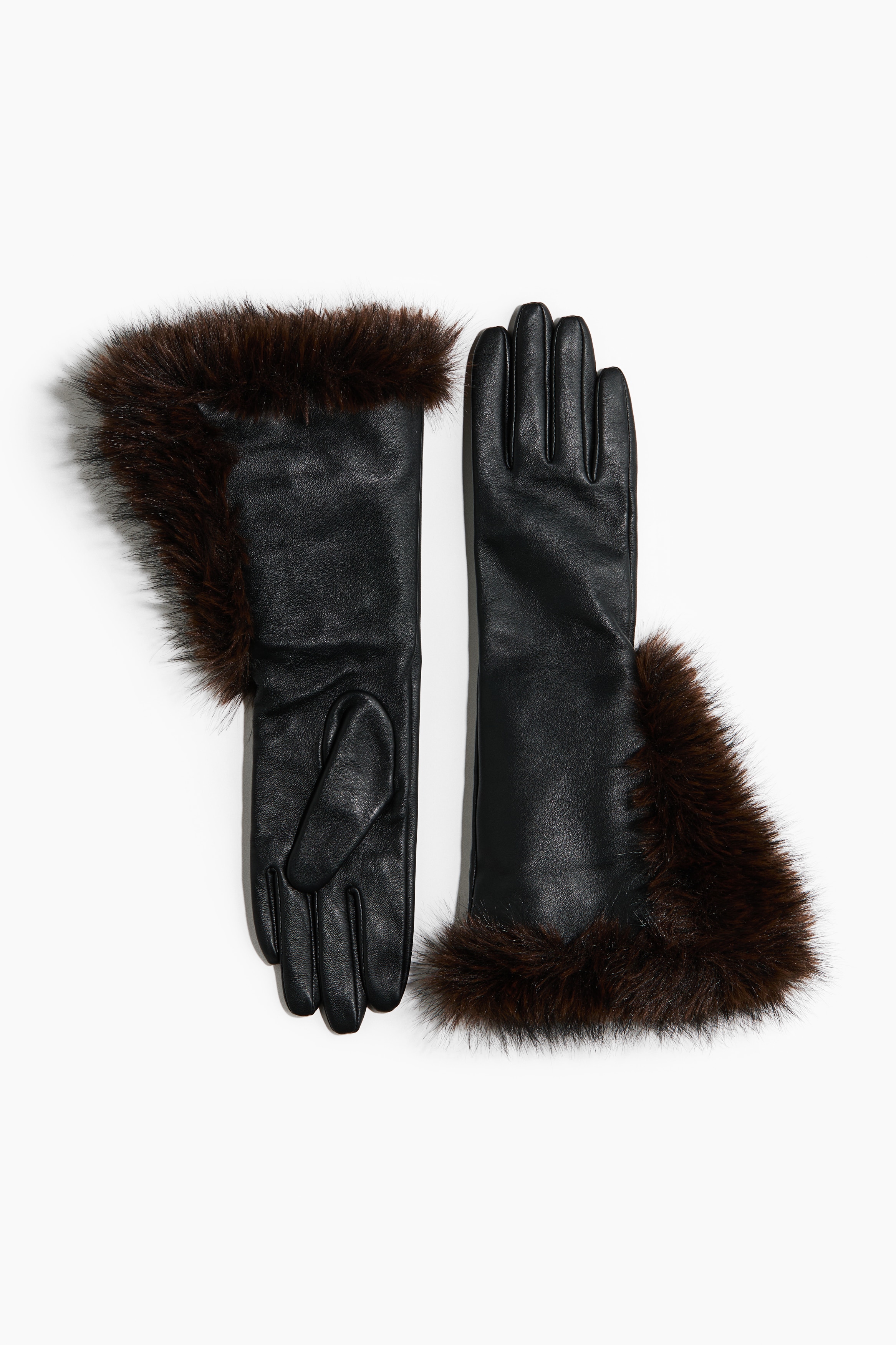 Fluffy-trim leather gloves - Black