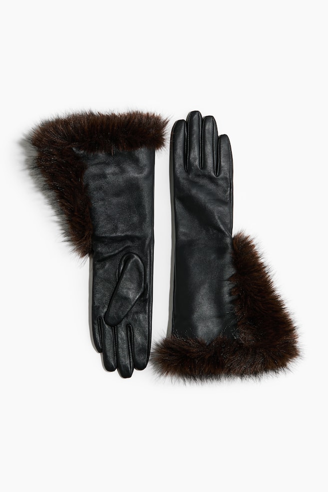 Fluffy-trim leather gloves - Black - 1
