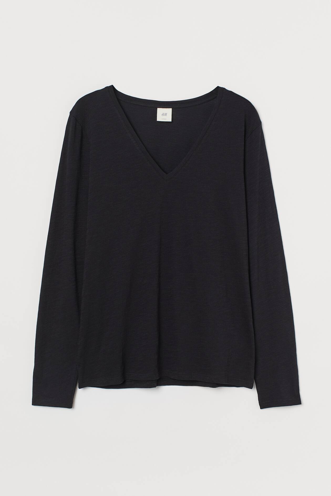 Slub Jersey Top - Low-cut Neckline - Long sleeve - Black - Ladies | H&M US