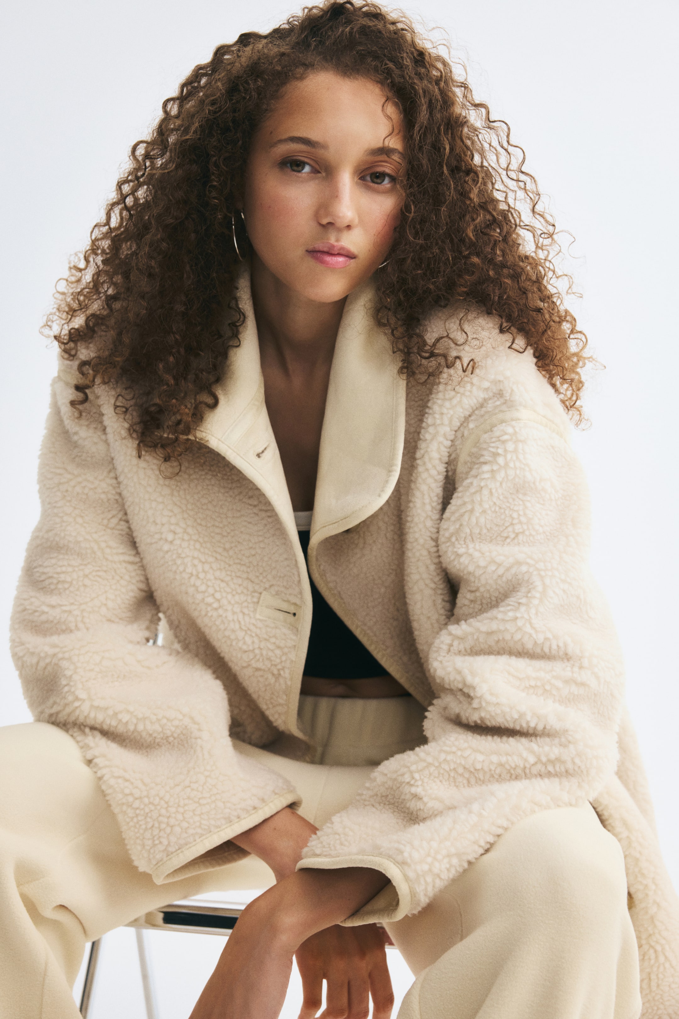 View larger image: Oversized funnel-collar teddy jacket - Light beige - Ladies | H&M 1
