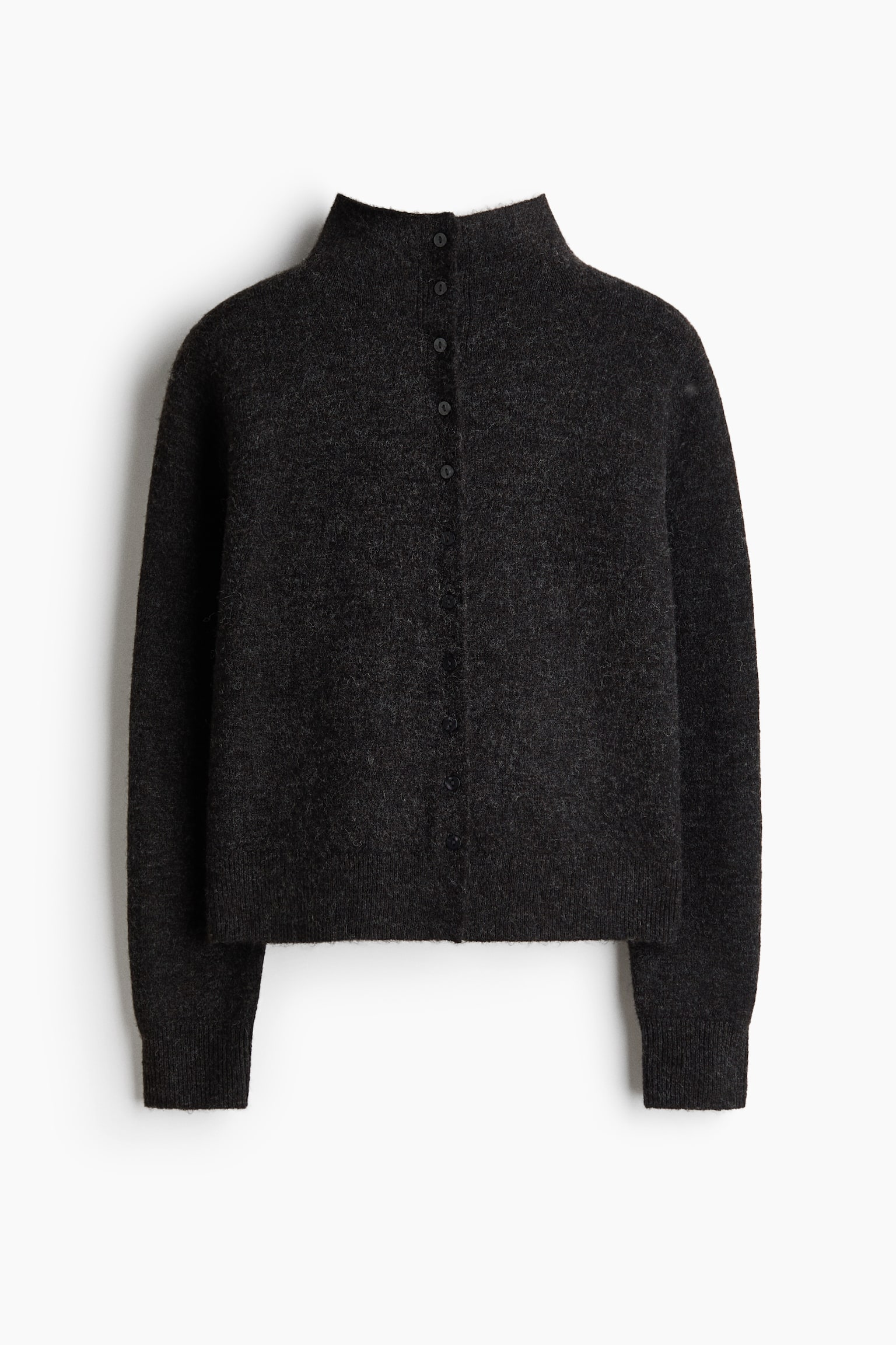 A dark gray fuzzy knit cardigan is facing front, featuring a high stand-up collar and a full button placket with six dark buttons. It is designed with long sleeves, ribbed cuffs, and a ribbed hem. - 1