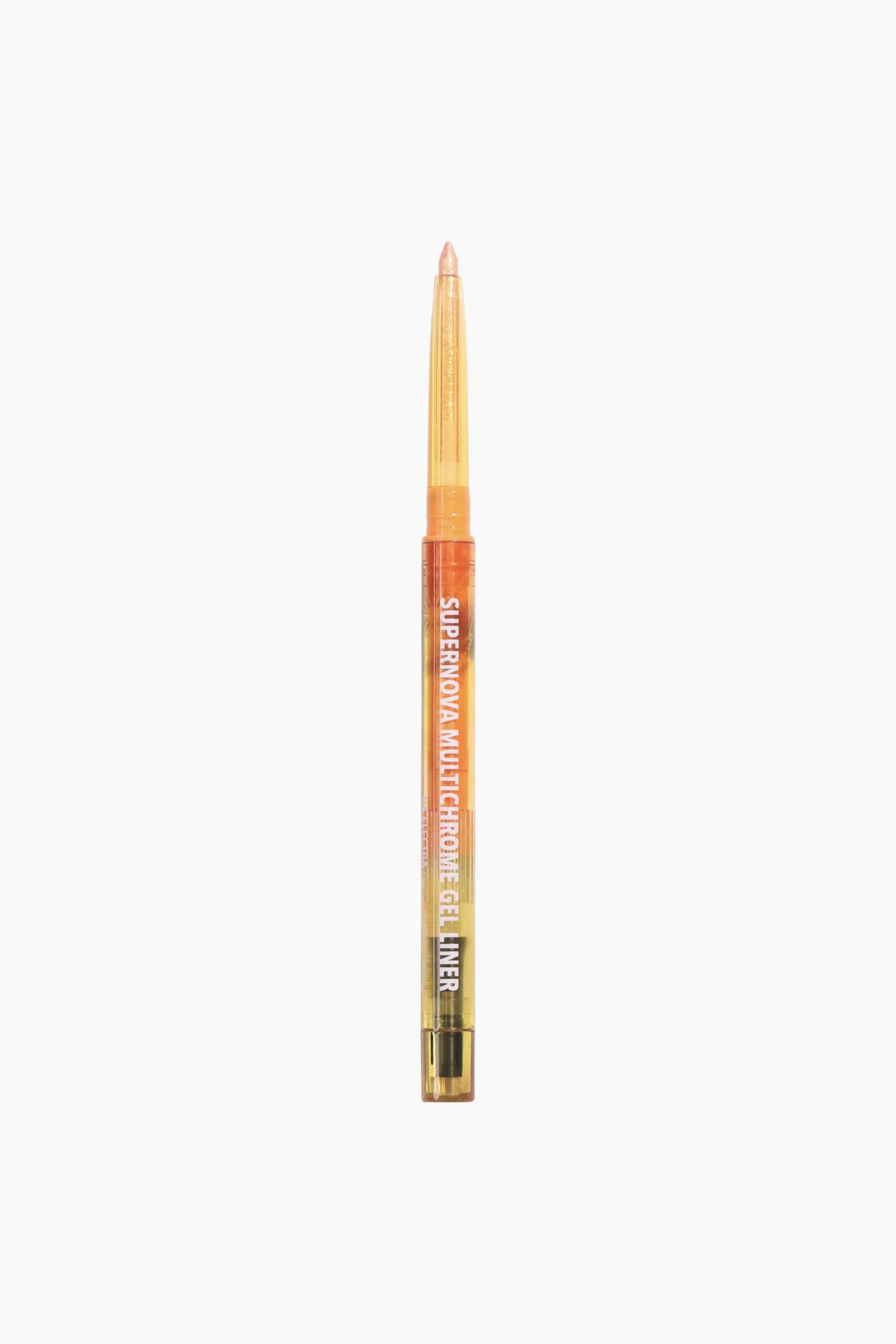 Vis større bilde: En Supernova Multichrome Gel Liner står vertikalt, med en skimrende champagne-gull spiss og et klart hylster som avslører den iriserende oransje-gull lineren inni, med "SUPERNOVA MULTICHROME GEL LINER" synlig på siden.