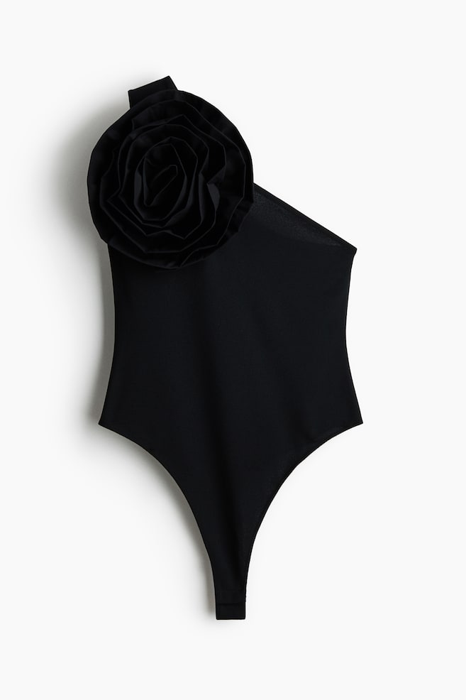 Flower-detail one-shoulder body - Black - 1