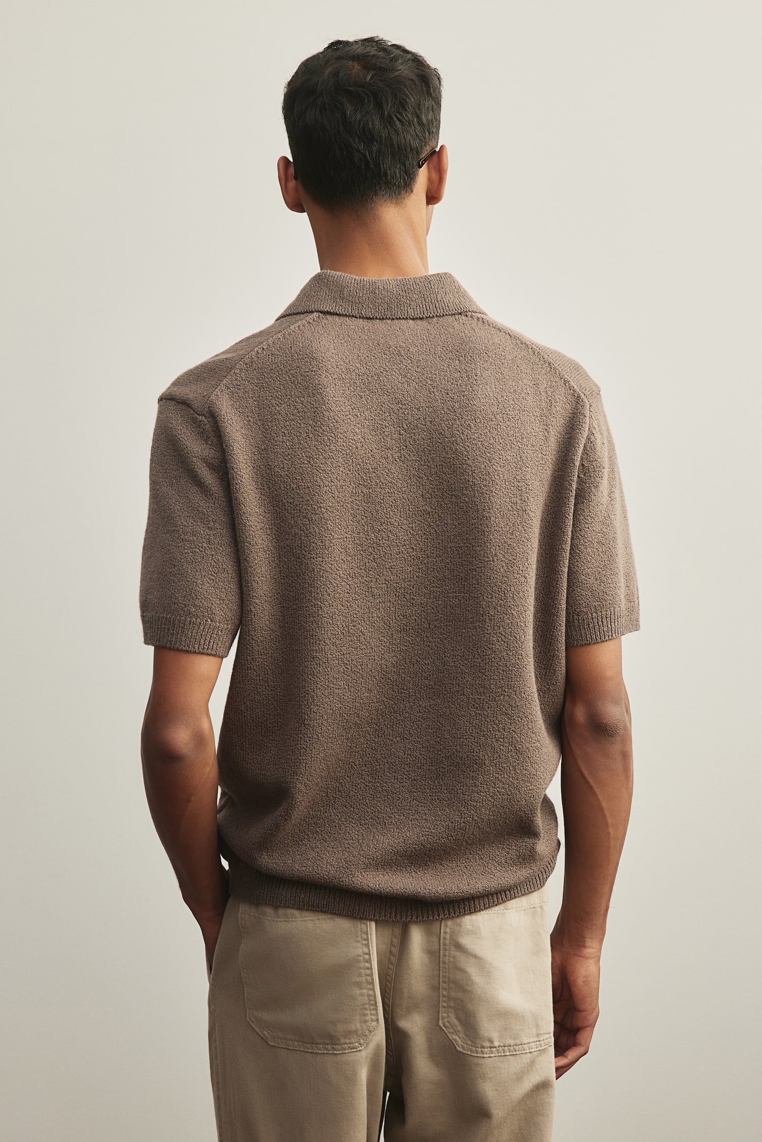 Regular Fit Bouclé Polo Shirt - Dark brown/Cream - 3