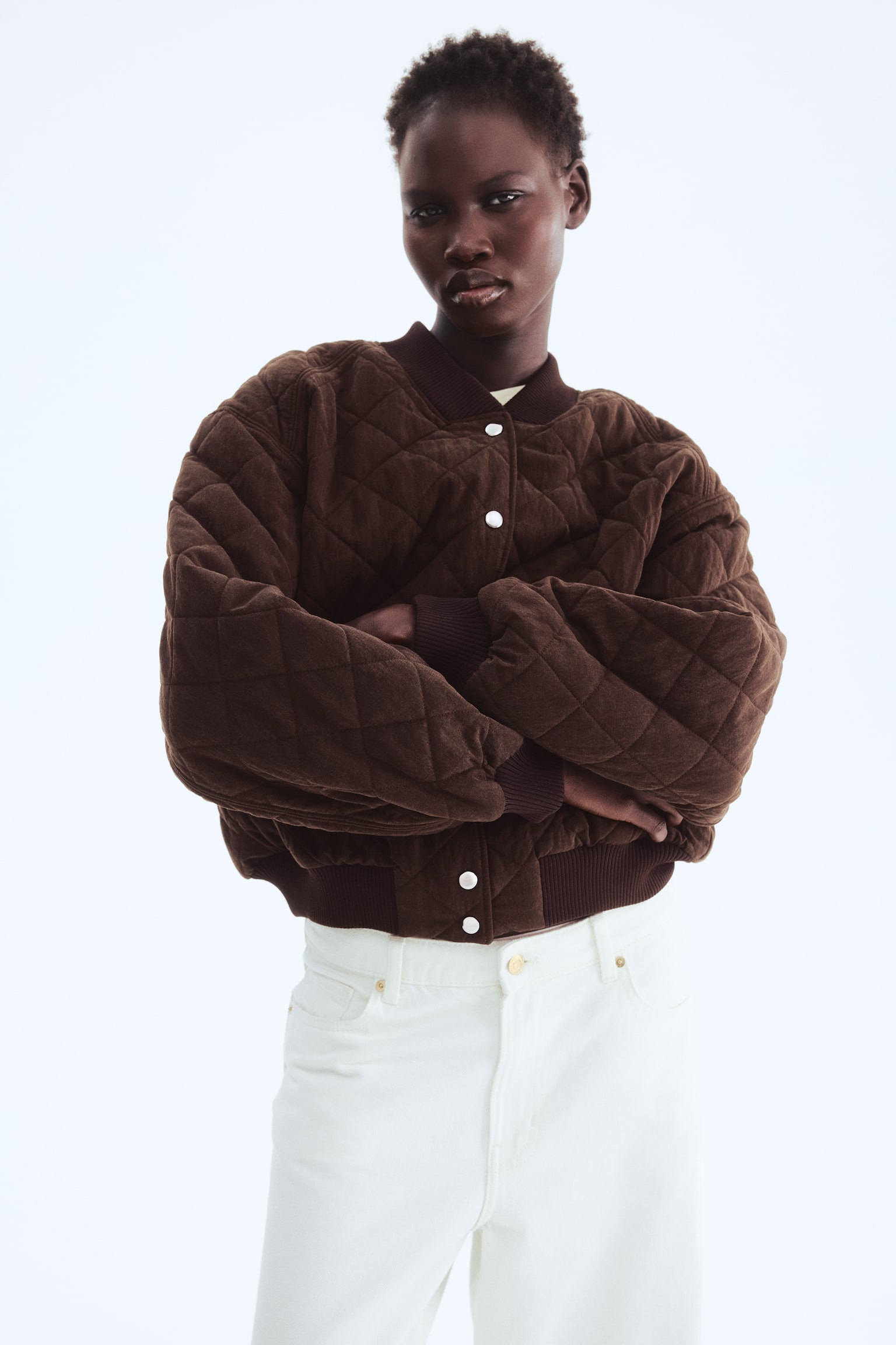 Quilted Bomber Jacket - Dark brown/Beige - 1