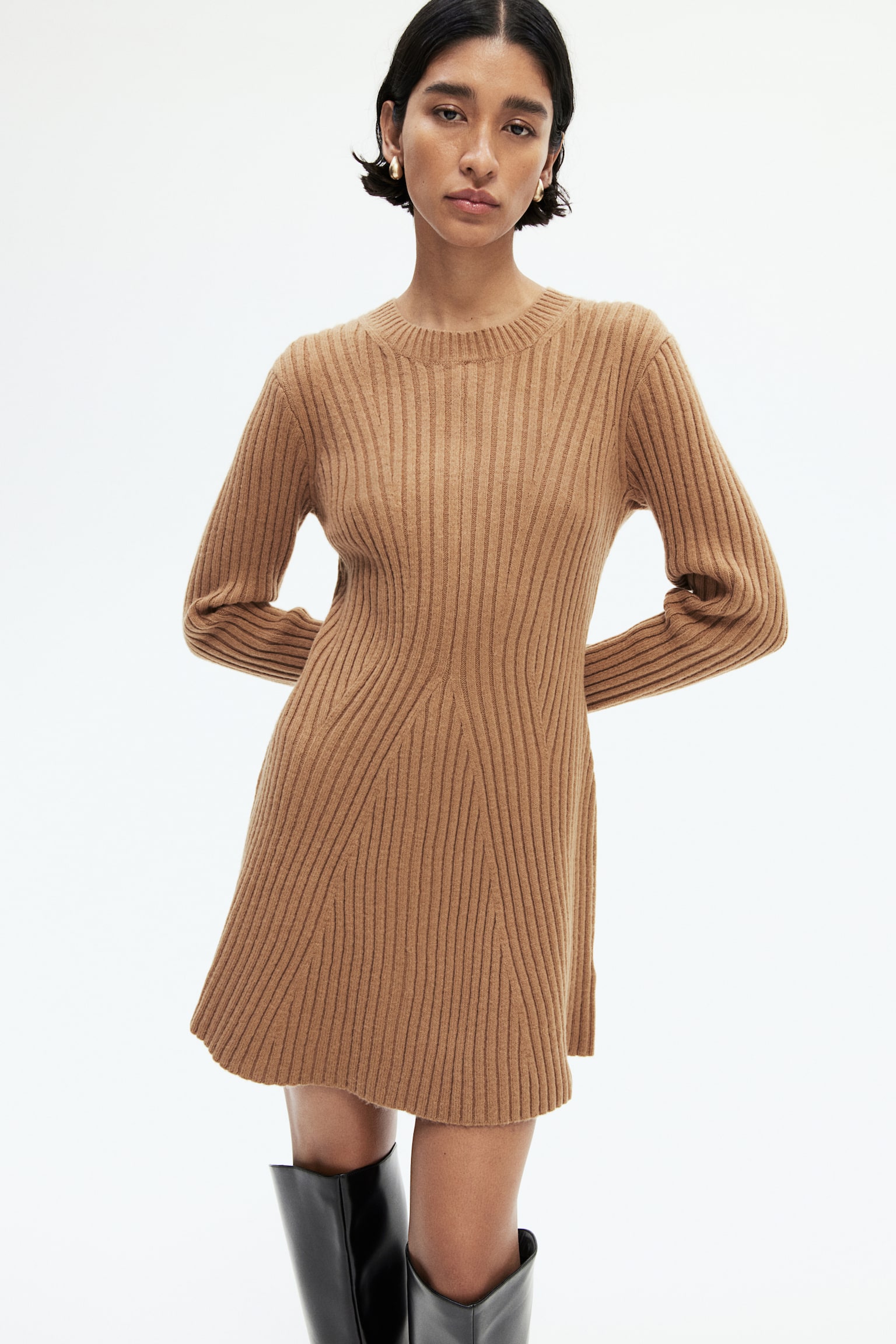 Rib-knit dress - Light brown/Dark khaki green/Grey marl/Light beige marl - 1