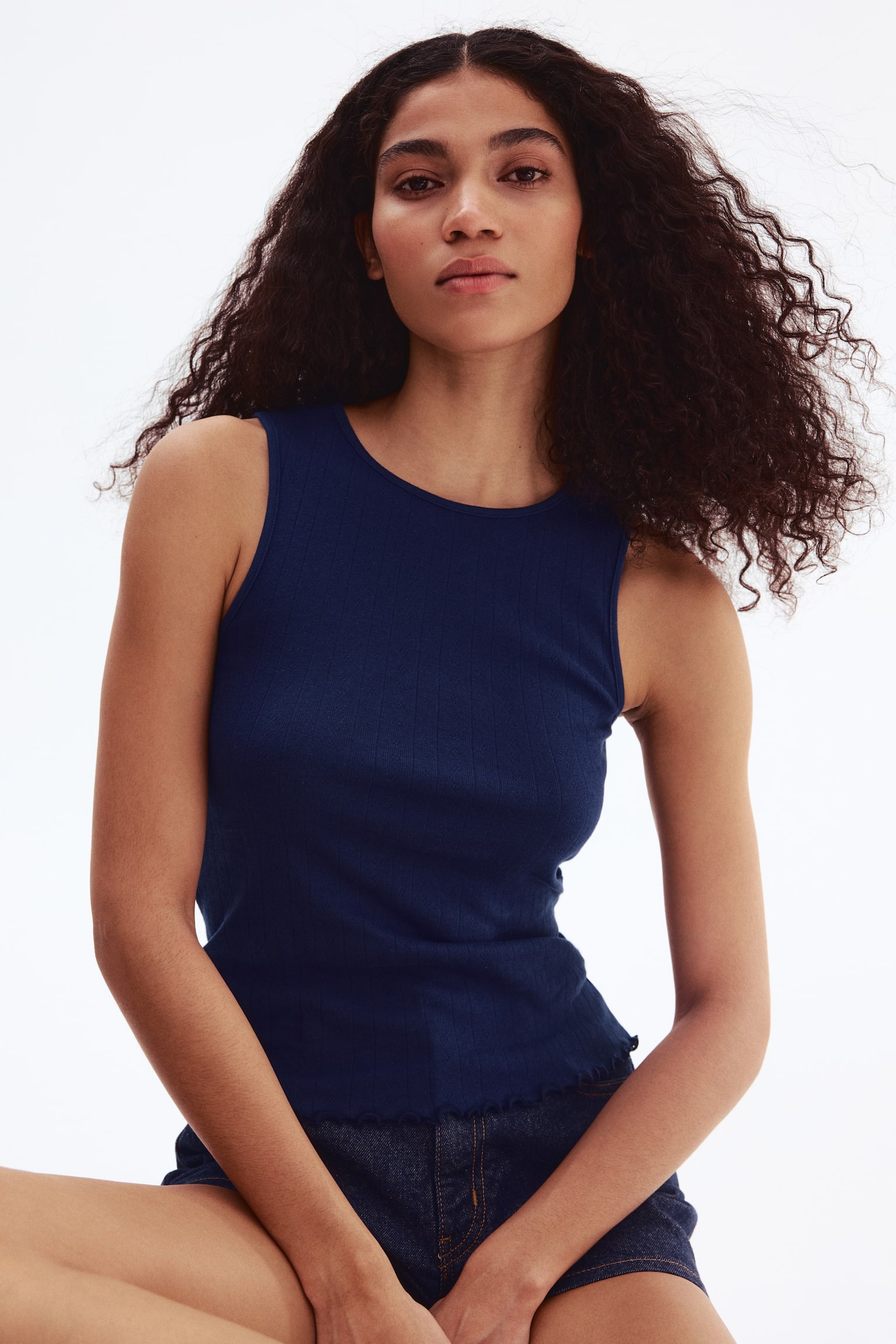 Pointelle-knit cotton top - Navy blue/White/Pale yellow - 2