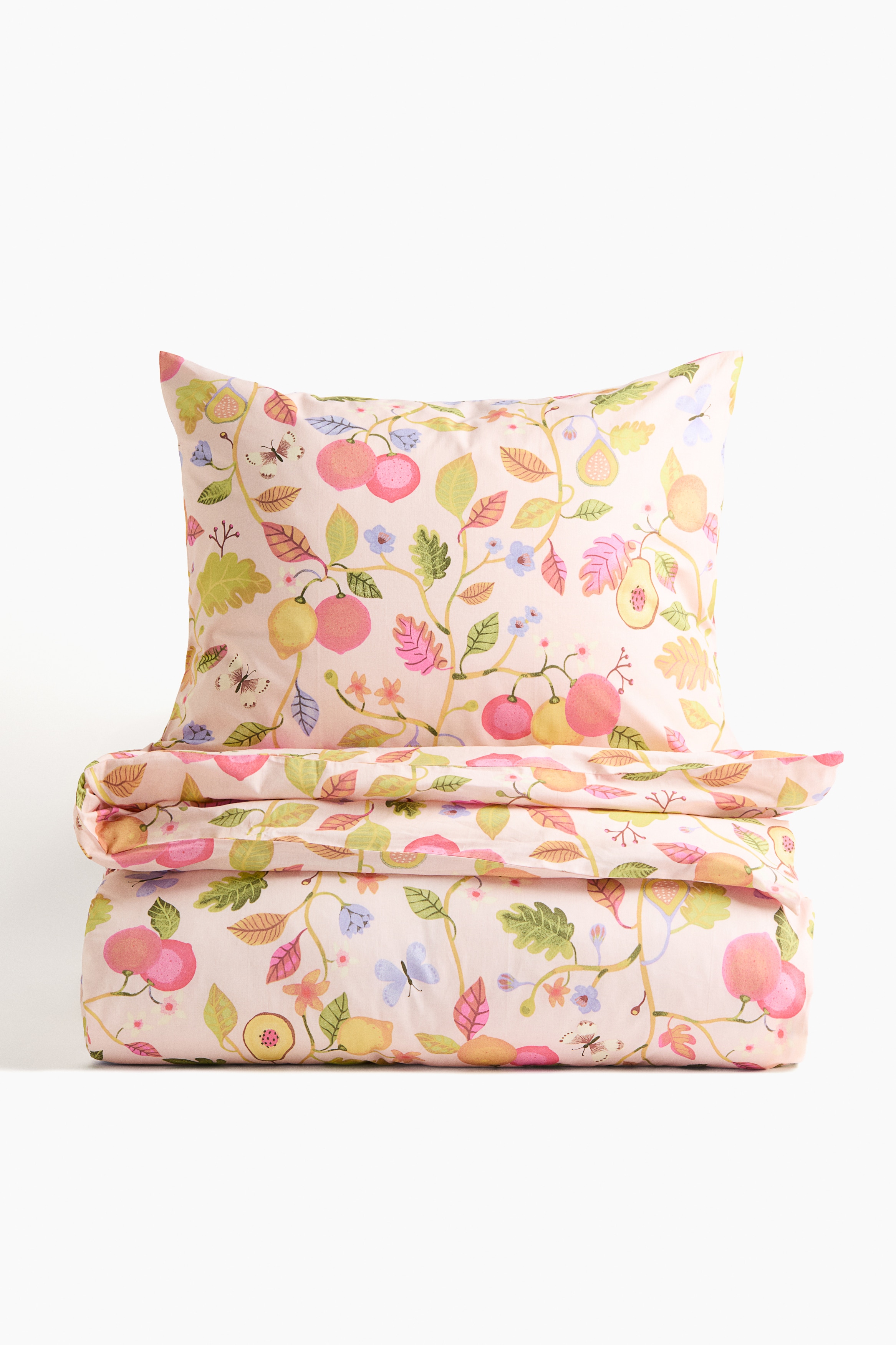 Gemusterte Baumwollbettwäsche - Hellrosa/Früchte