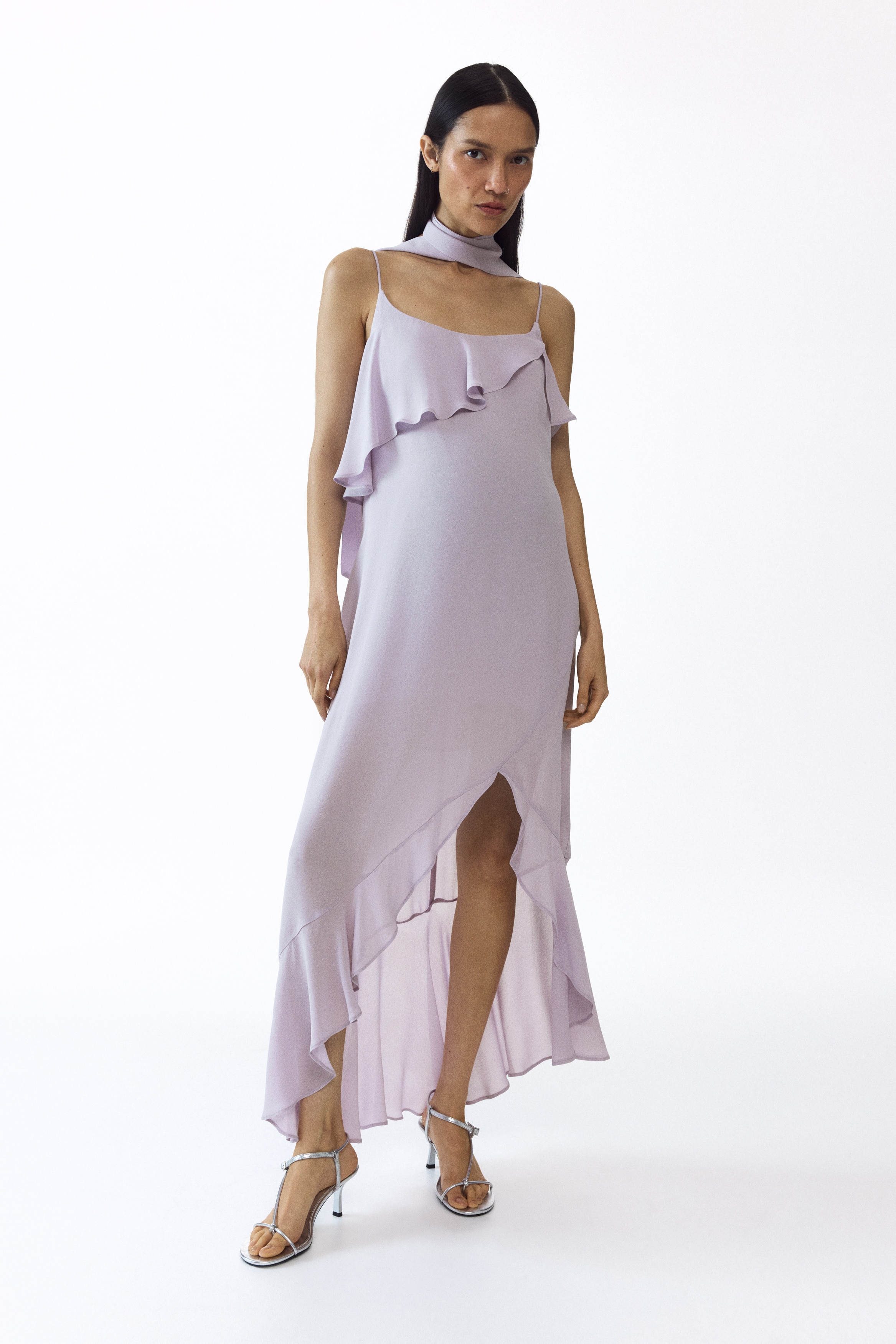 flounced chiffon dress h&m H&M MAMA - Lilac MAMA Flounced Chiffon Dress with Scarf - Size: XL
