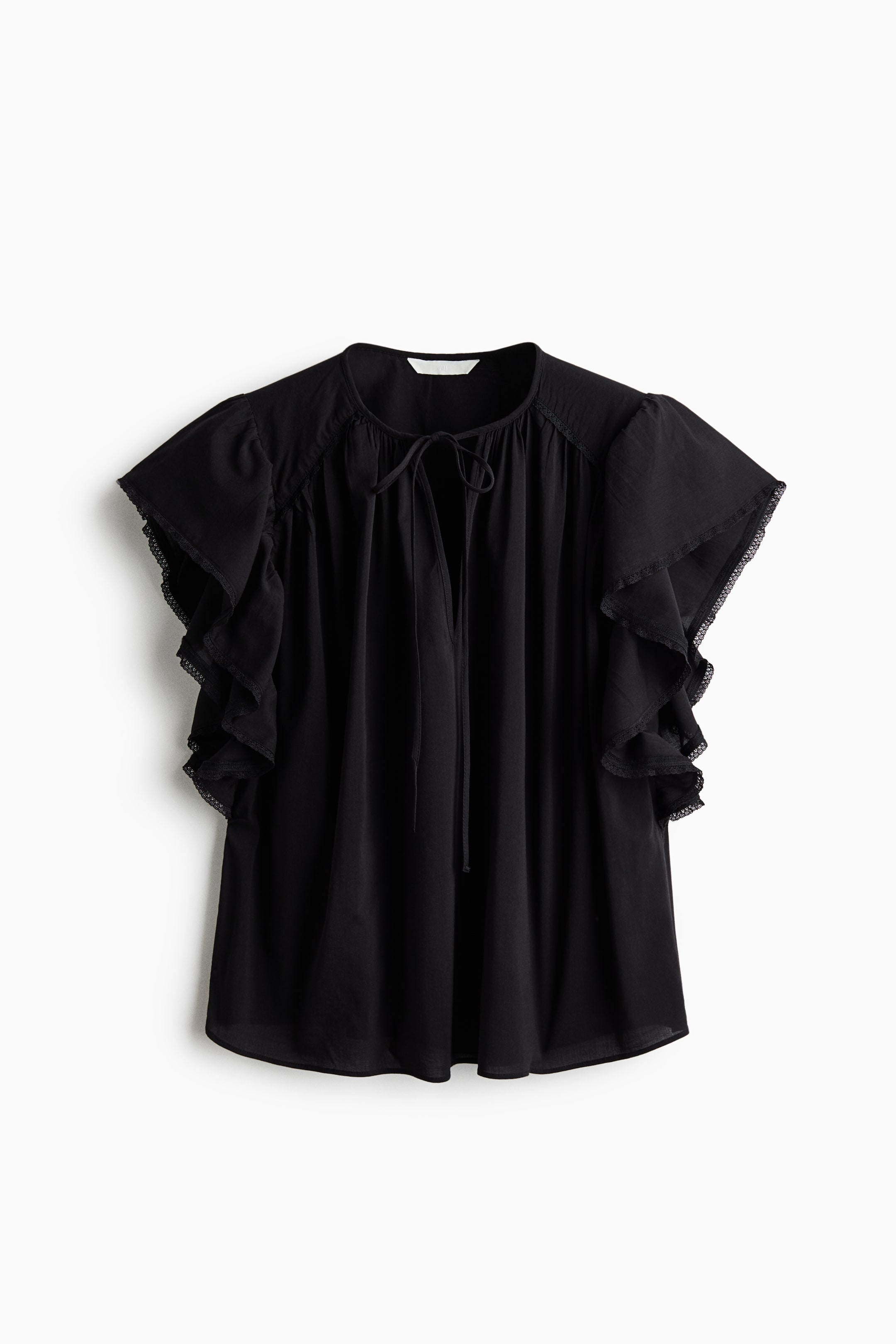View larger image: A black top features a round neckline with a V-split and tie strings at the front. It showcases short, layered ruffled sleeves, each ruffle edge adorned with a delicate lace trim, and presents a loose-fitting silhouette.