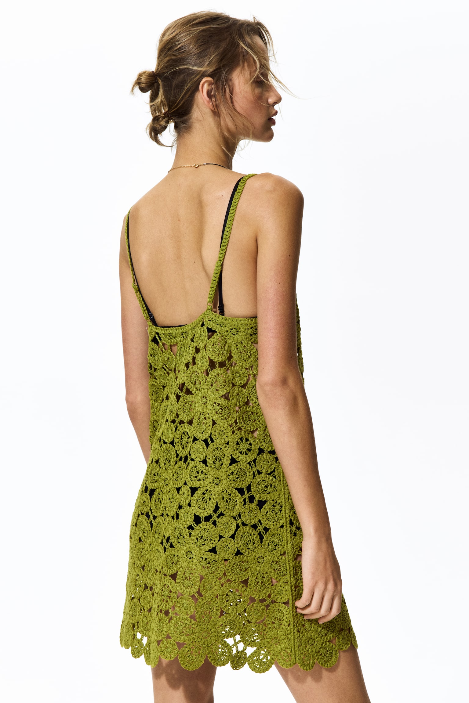 Crochet-look mini dress - Olive green - 5