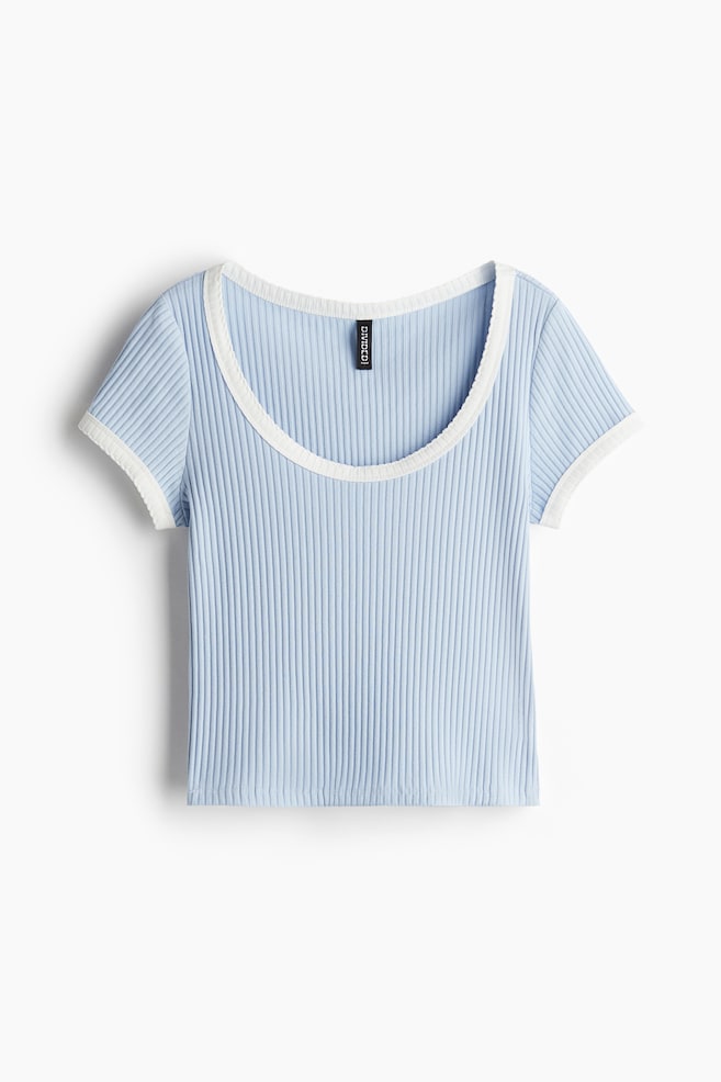 Picot-trimmed ribbed T-shirt - Light blue/White/Black - 1