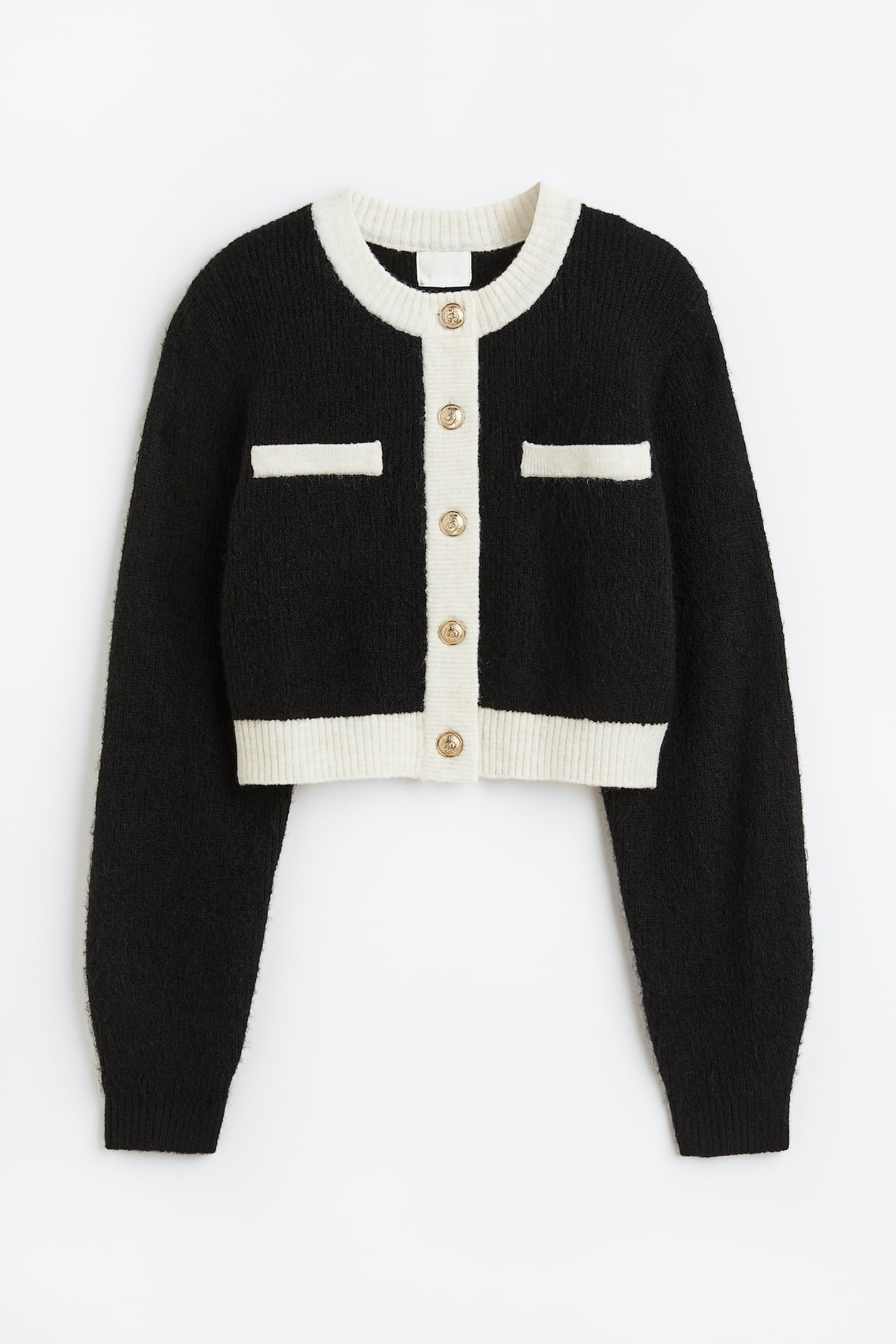 Short Cardigan - Round Neck - Long sleeve - Black/cream - Ladies | H&M US