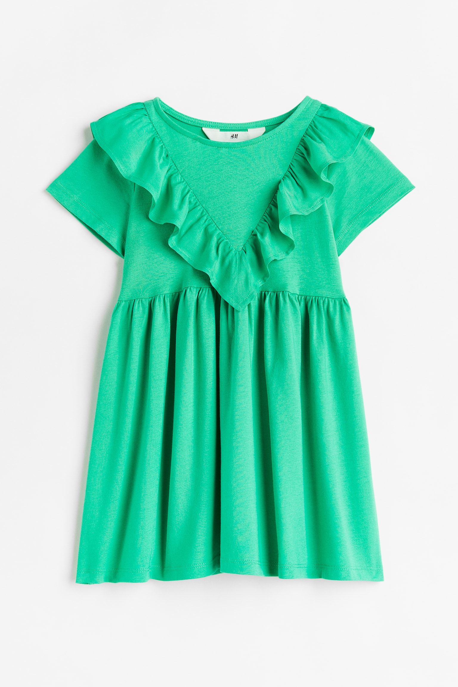 Flounce-trimmed cotton dress - Green - 1