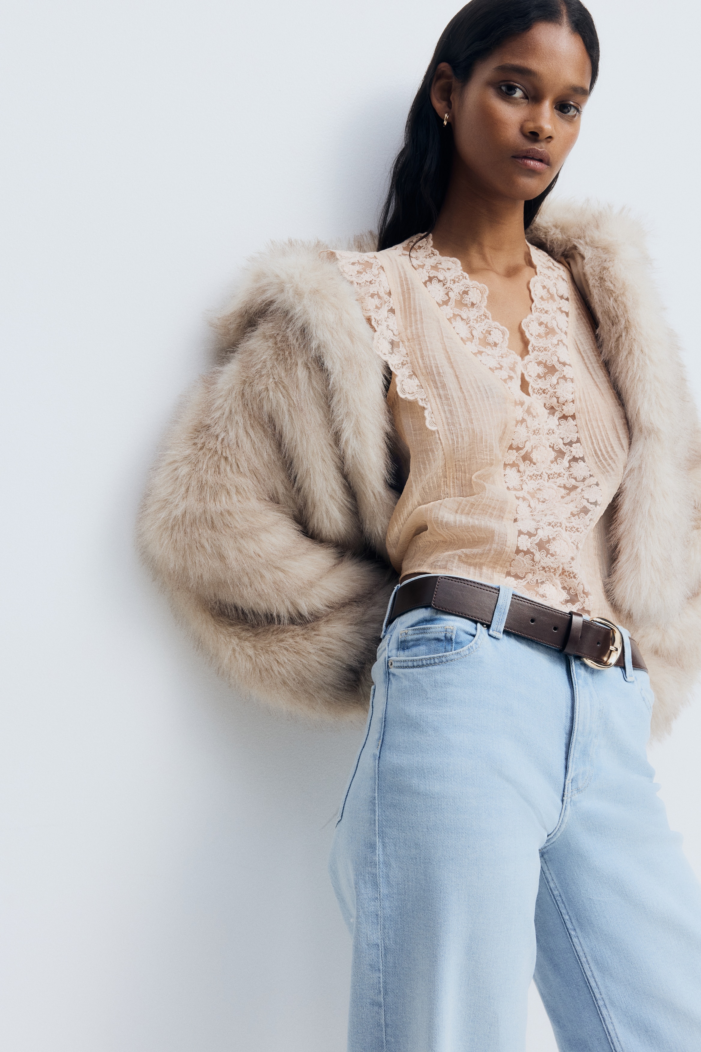 Débardeur avec dentelle - Beige clair/Rose pêche/Gris foncé